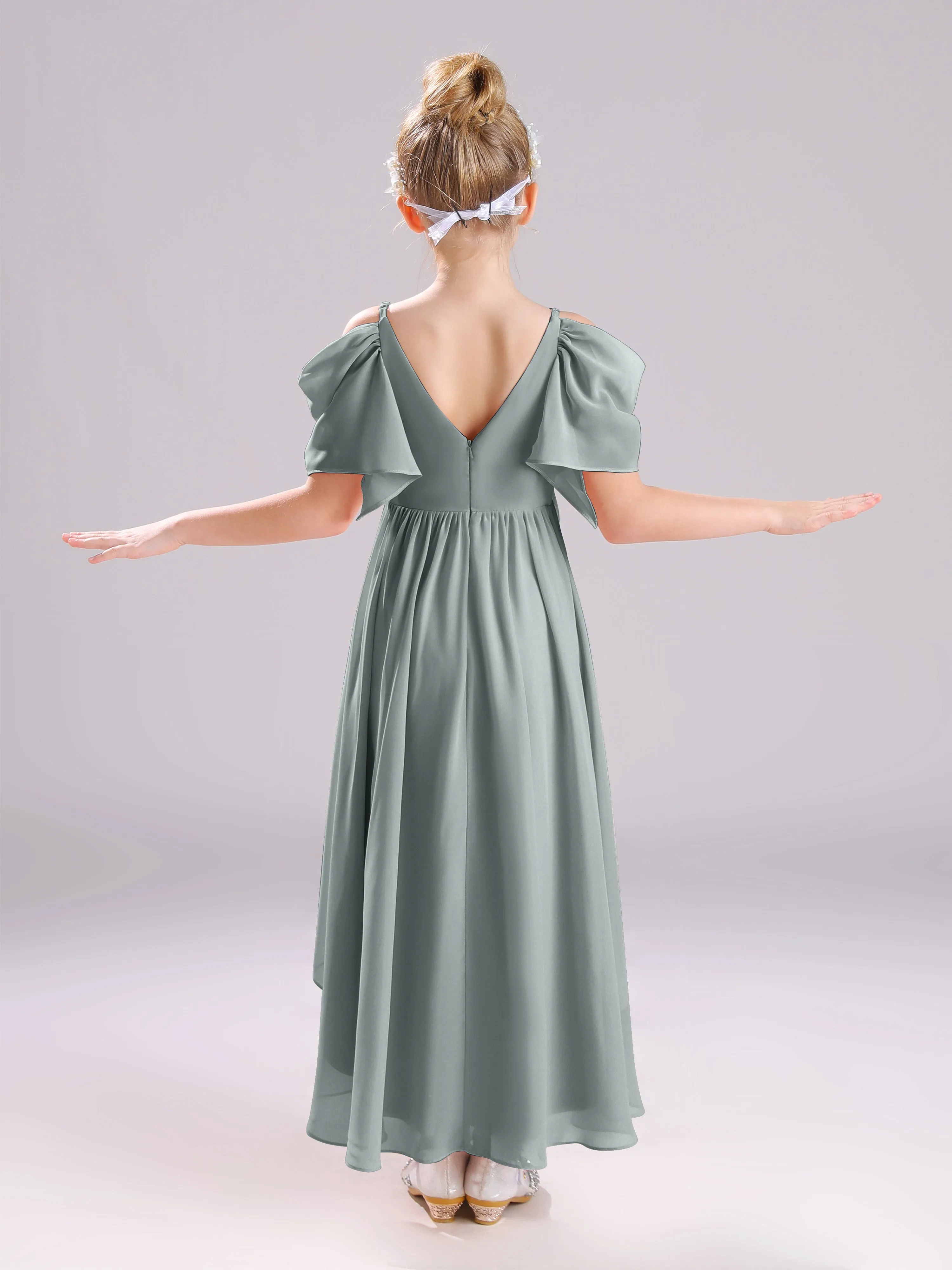 Off The Shoulder Straps Long Chiffon Junior Bridesmaid Dresses