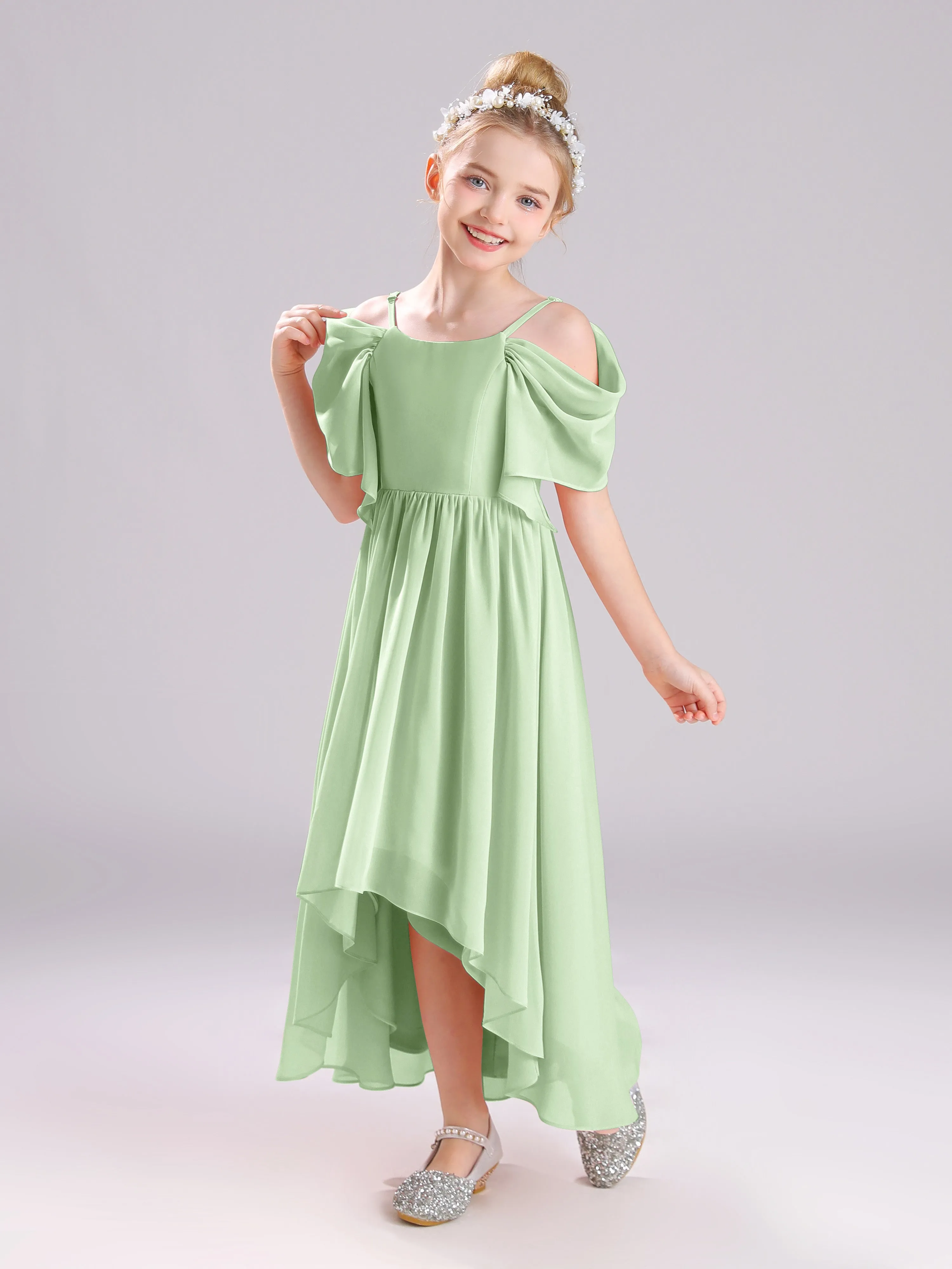 Off The Shoulder Straps Long Chiffon Junior Bridesmaid Dresses