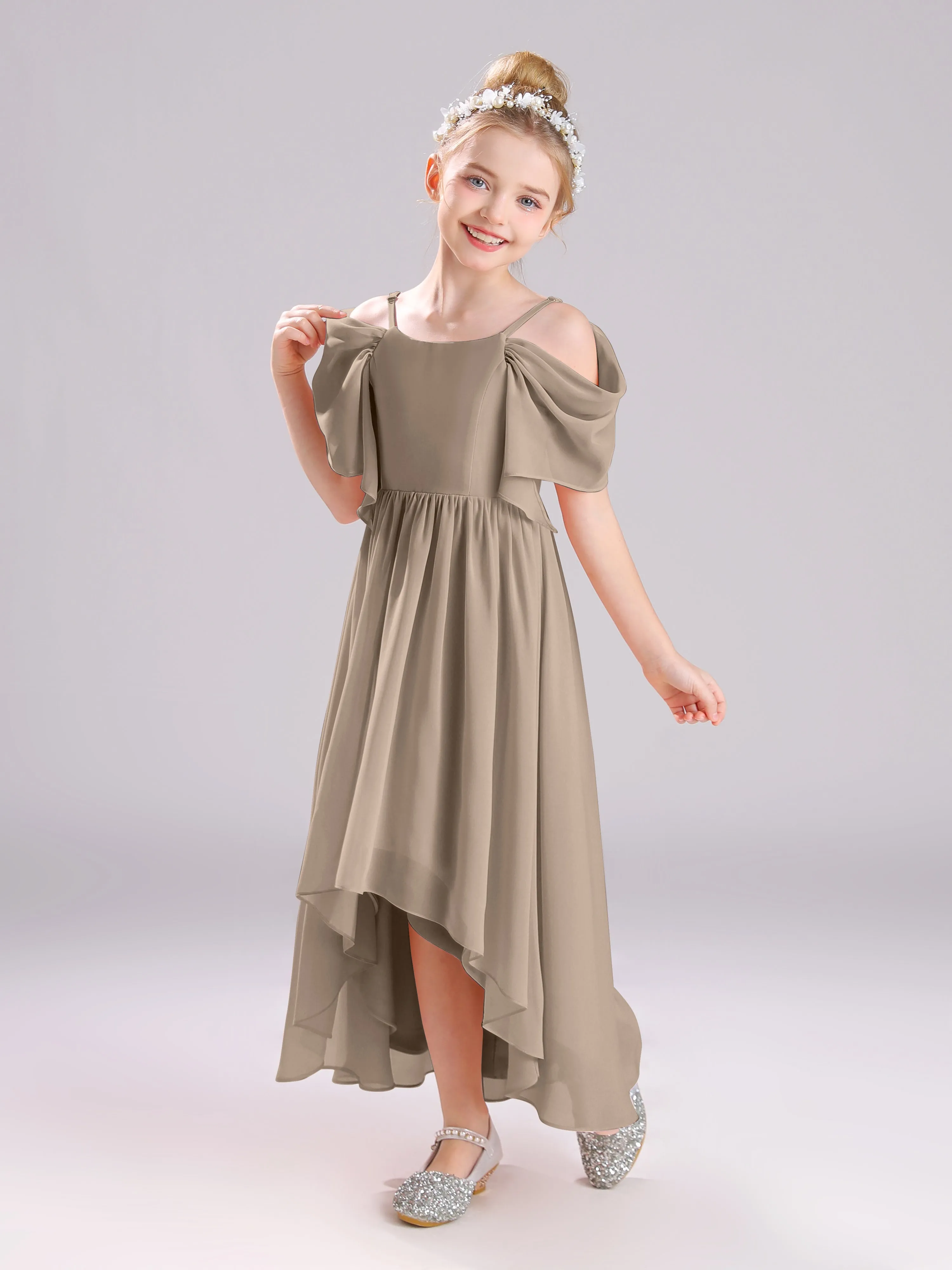 Off The Shoulder Straps Long Chiffon Junior Bridesmaid Dresses