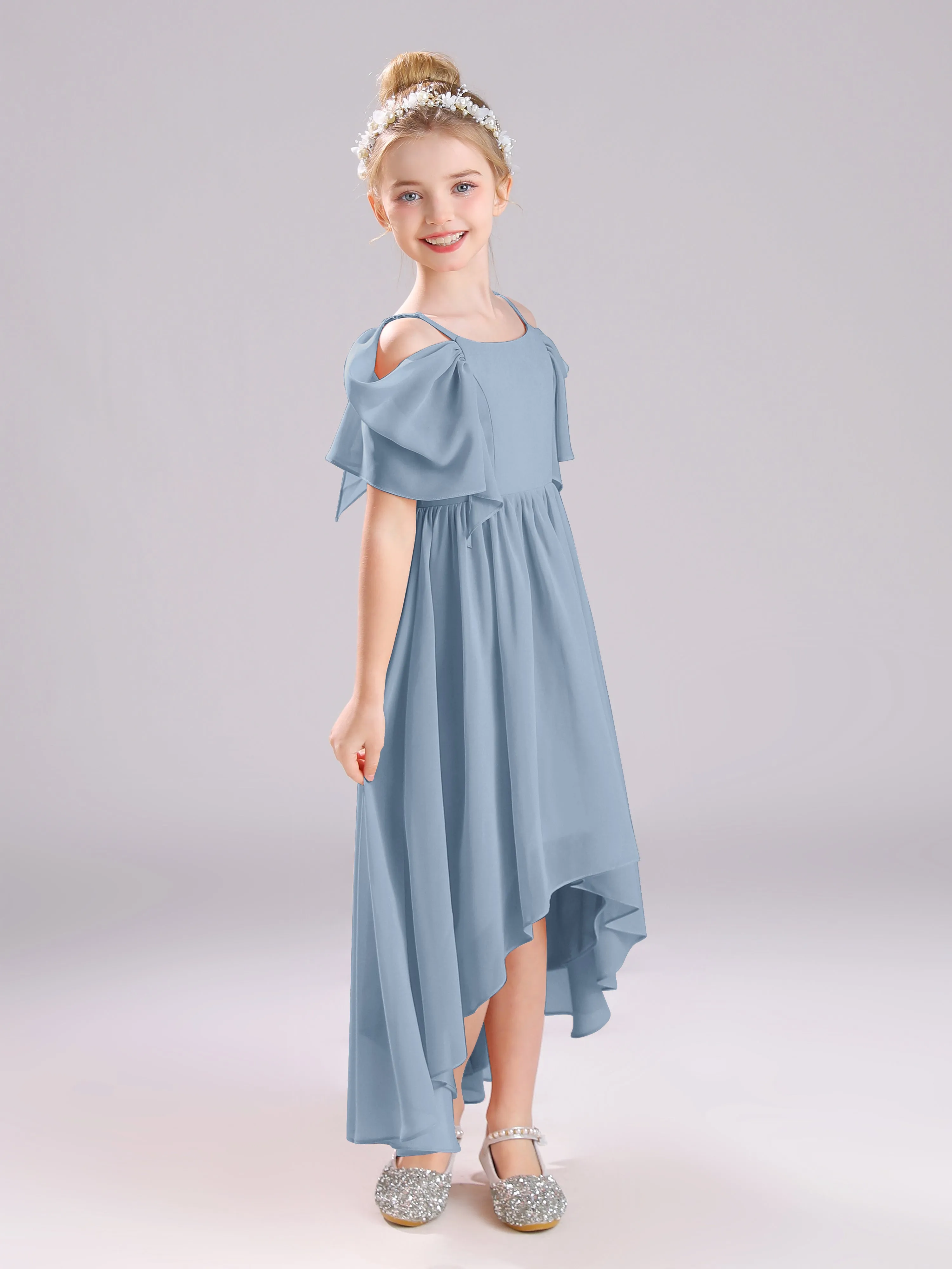 Off The Shoulder Straps Long Chiffon Junior Bridesmaid Dresses