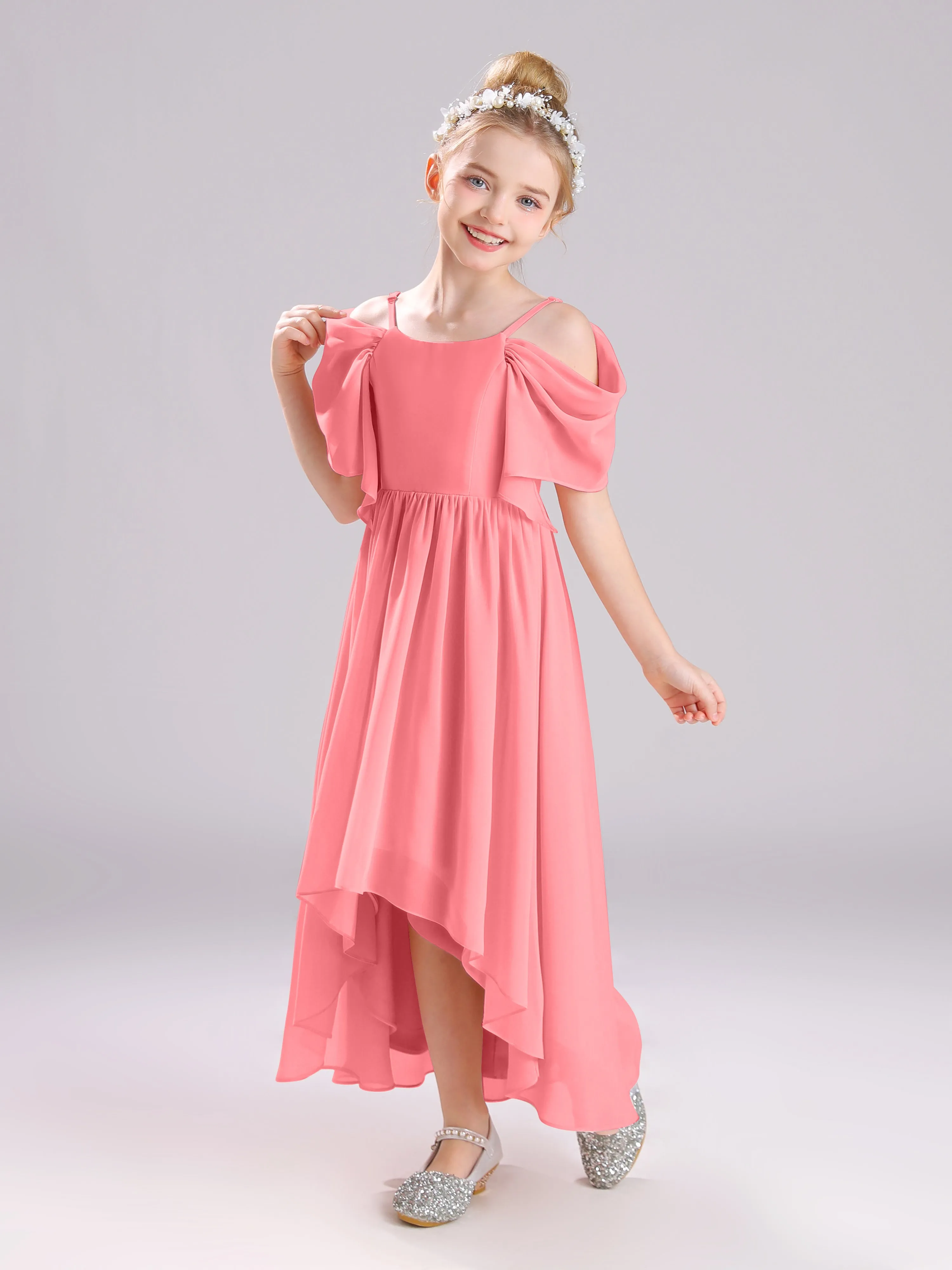 Off The Shoulder Straps Long Chiffon Junior Bridesmaid Dresses