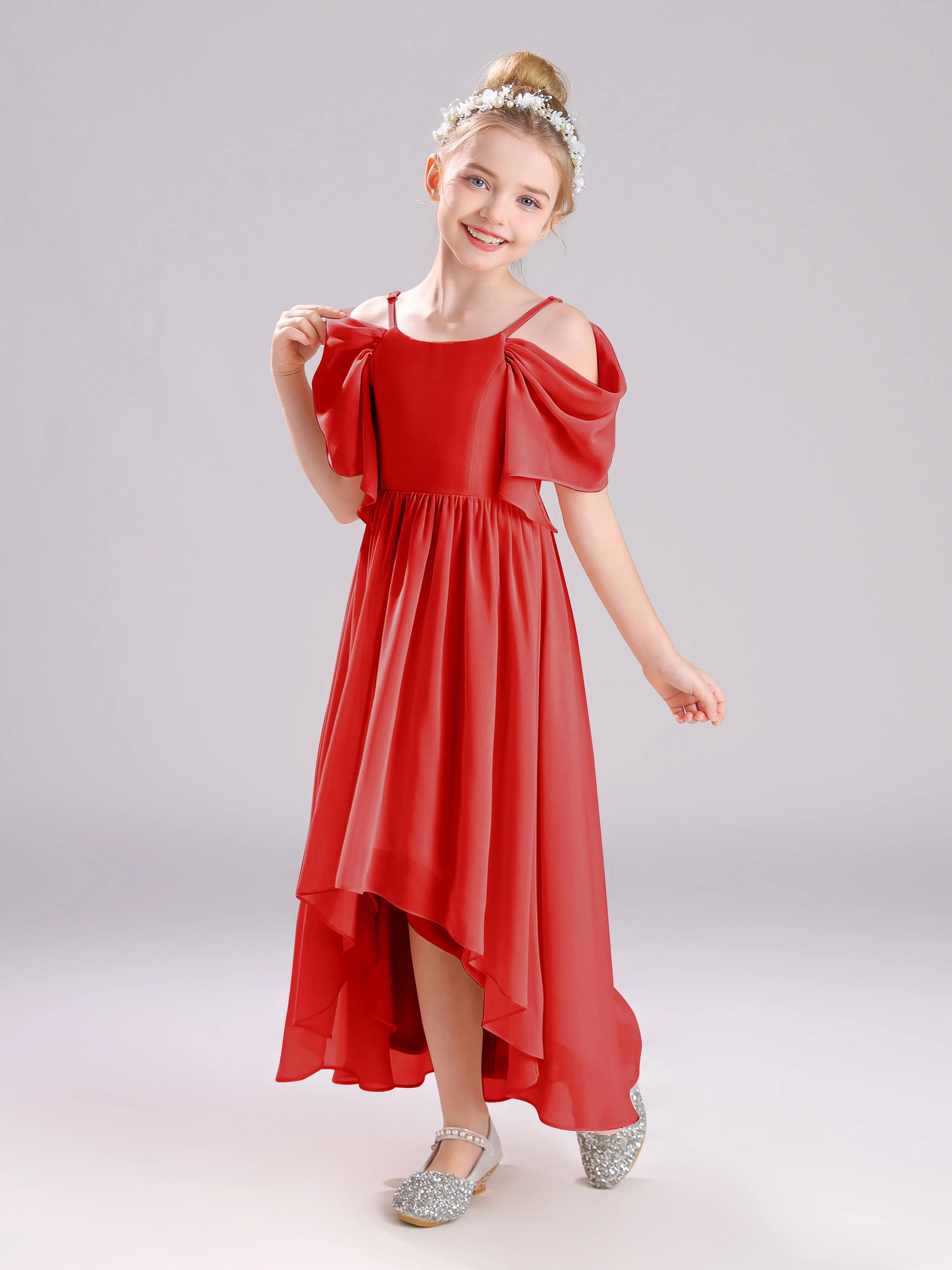 Off The Shoulder Straps Long Chiffon Junior Bridesmaid Dresses