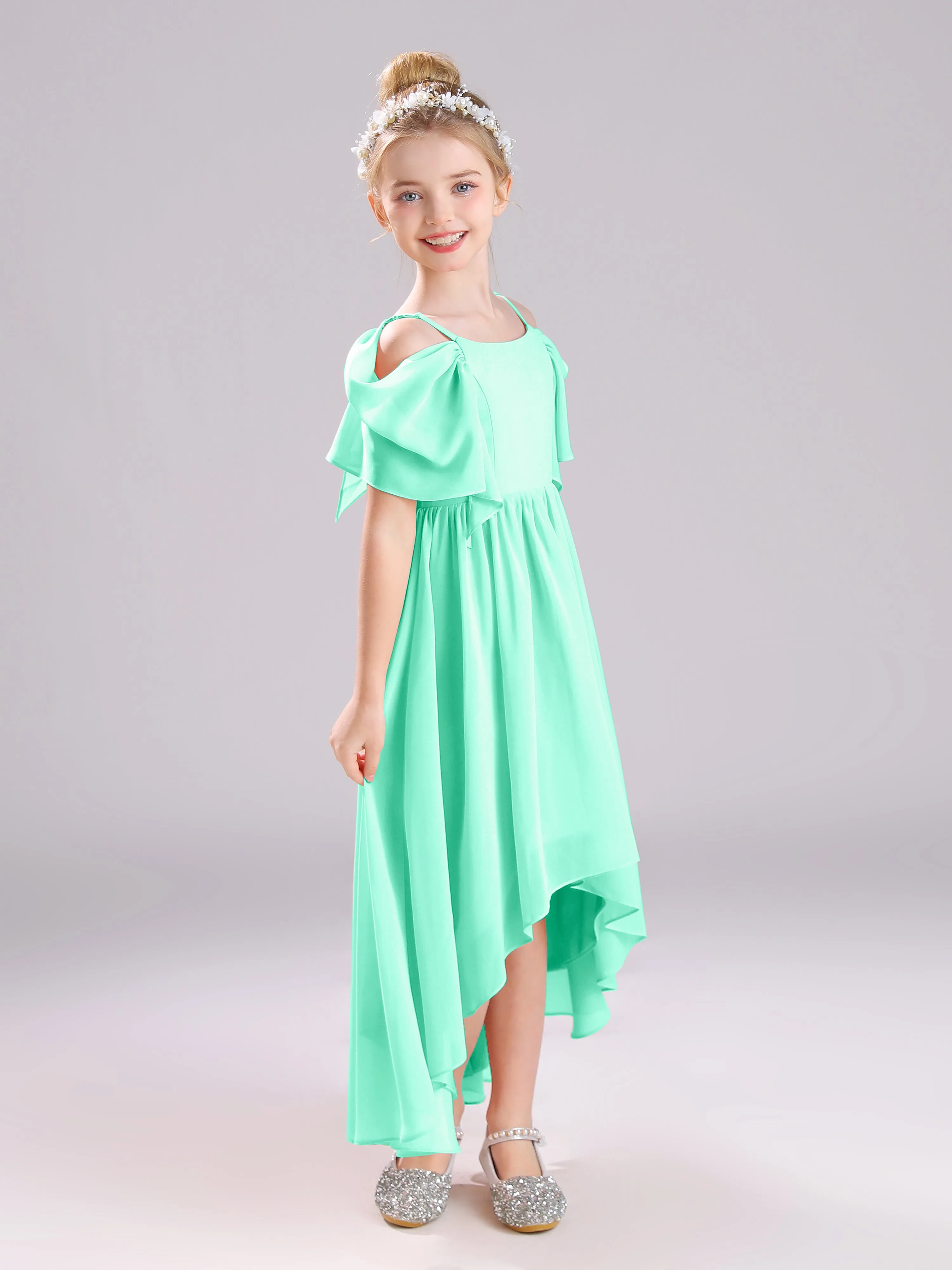 Off The Shoulder Straps Long Chiffon Junior Bridesmaid Dresses