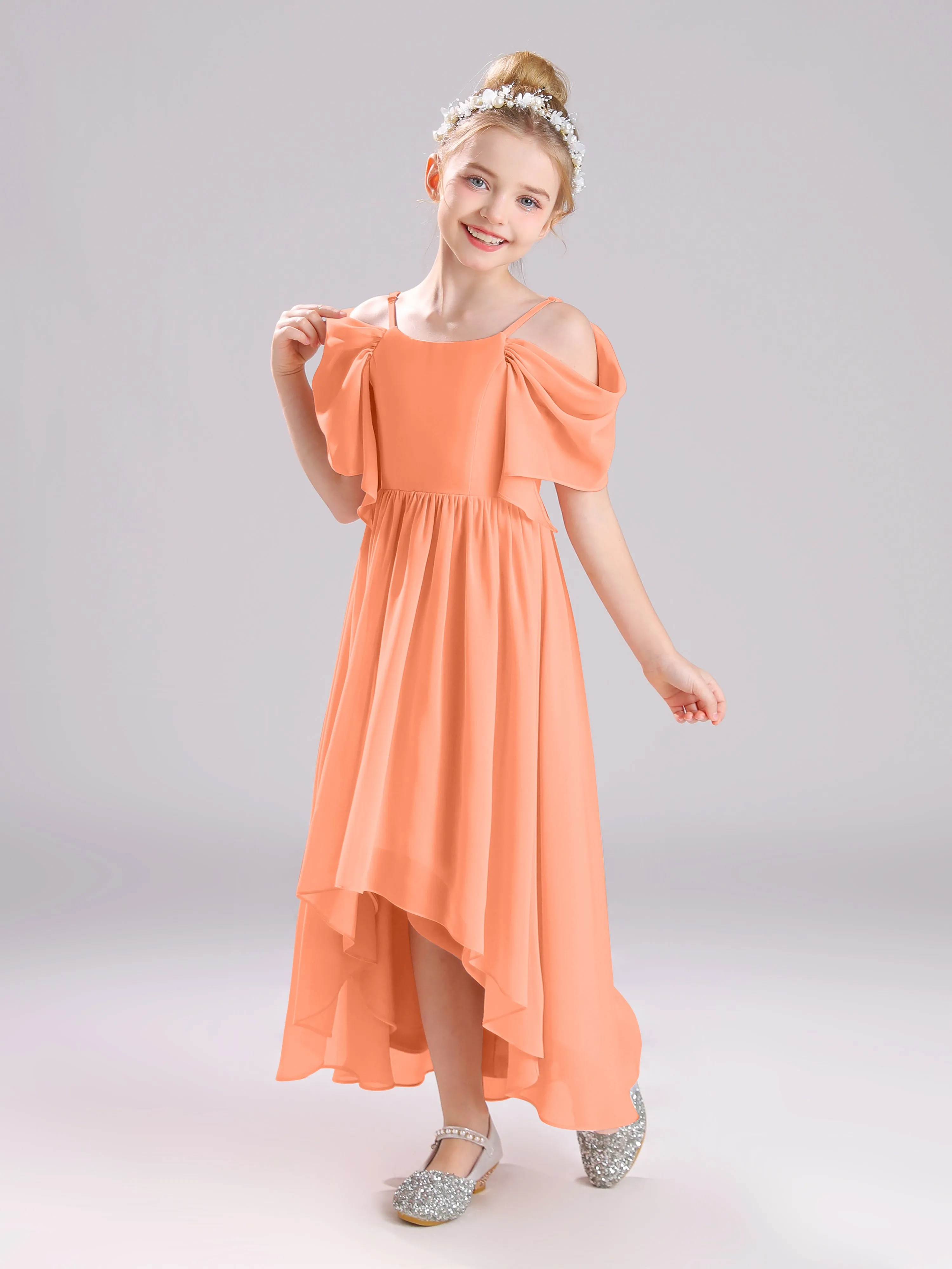 Off The Shoulder Straps Long Chiffon Junior Bridesmaid Dresses