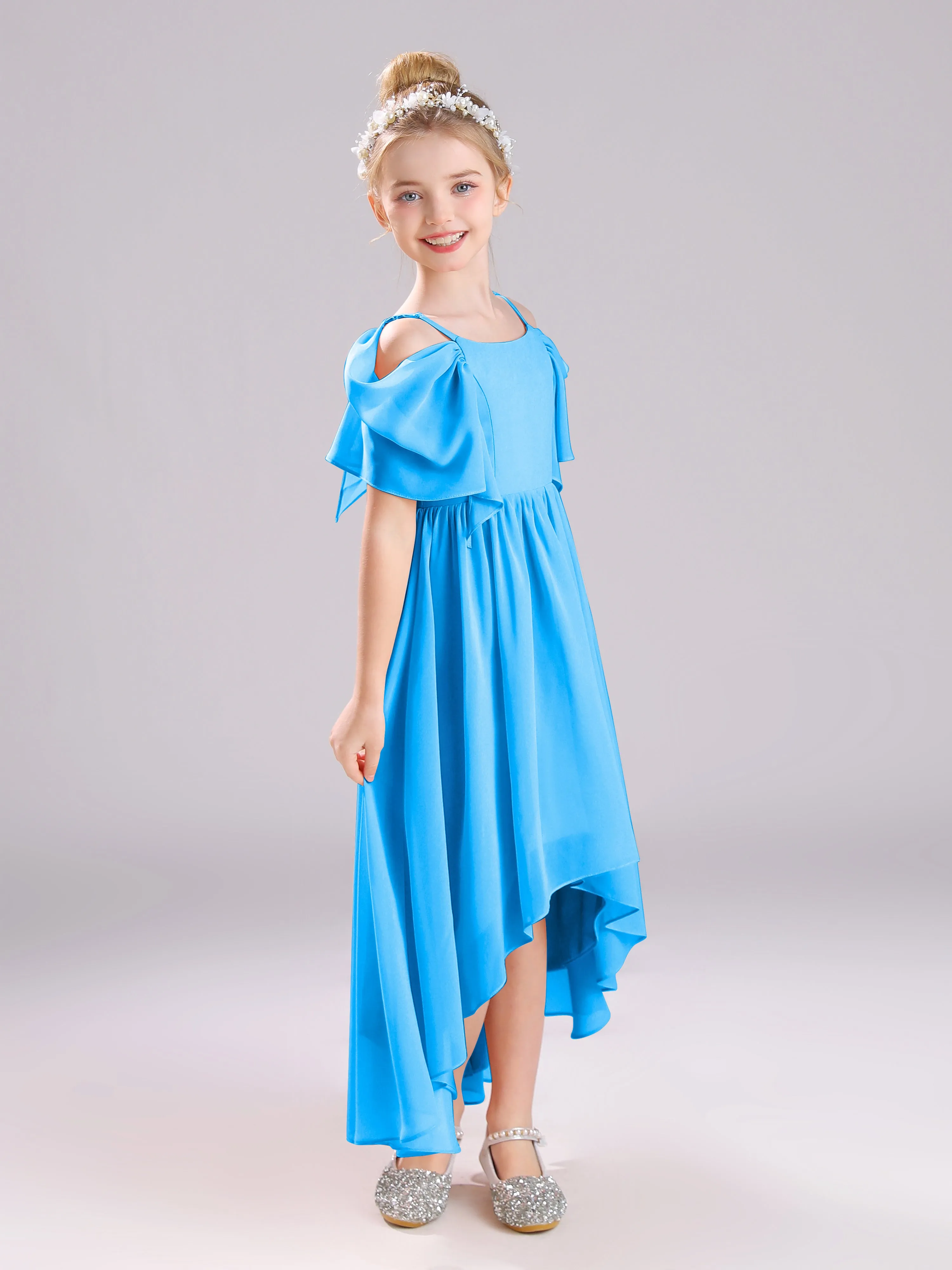 Off The Shoulder Straps Long Chiffon Junior Bridesmaid Dresses