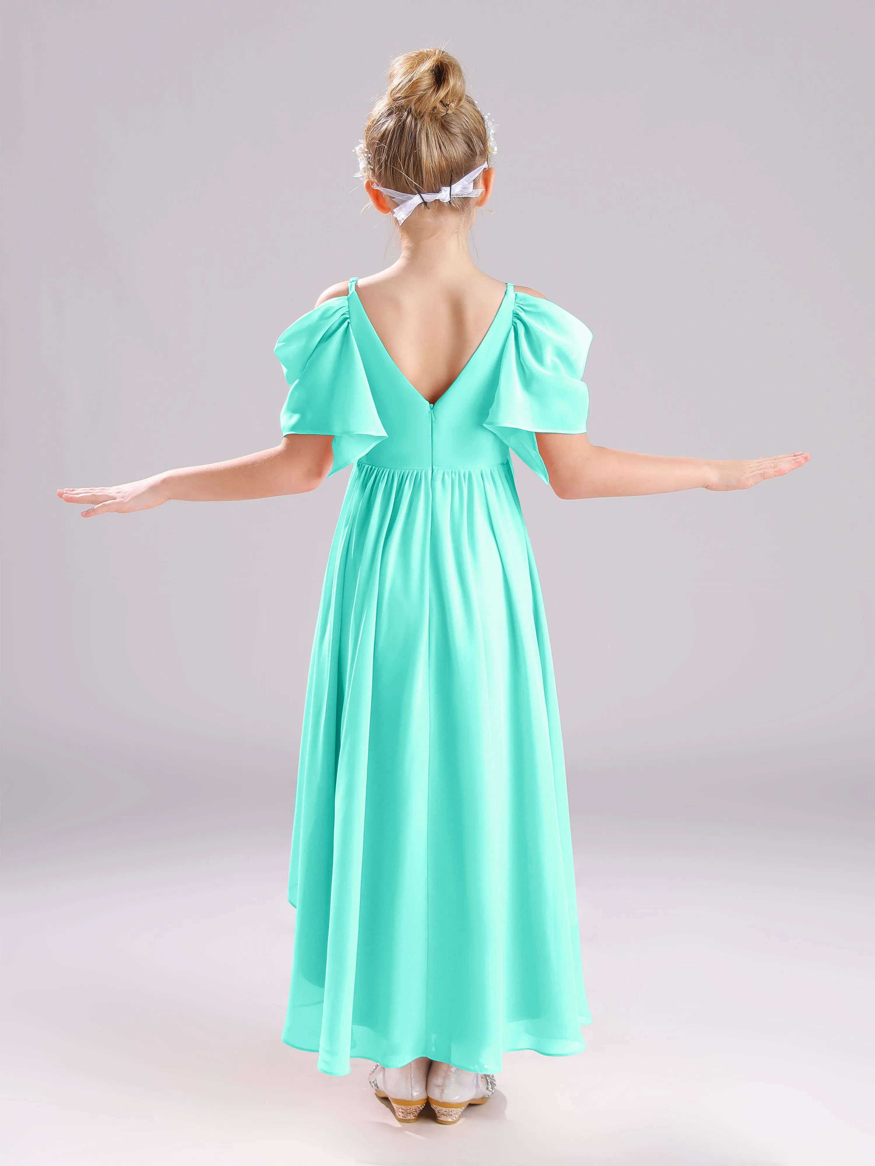 Off The Shoulder Straps Long Chiffon Junior Bridesmaid Dresses