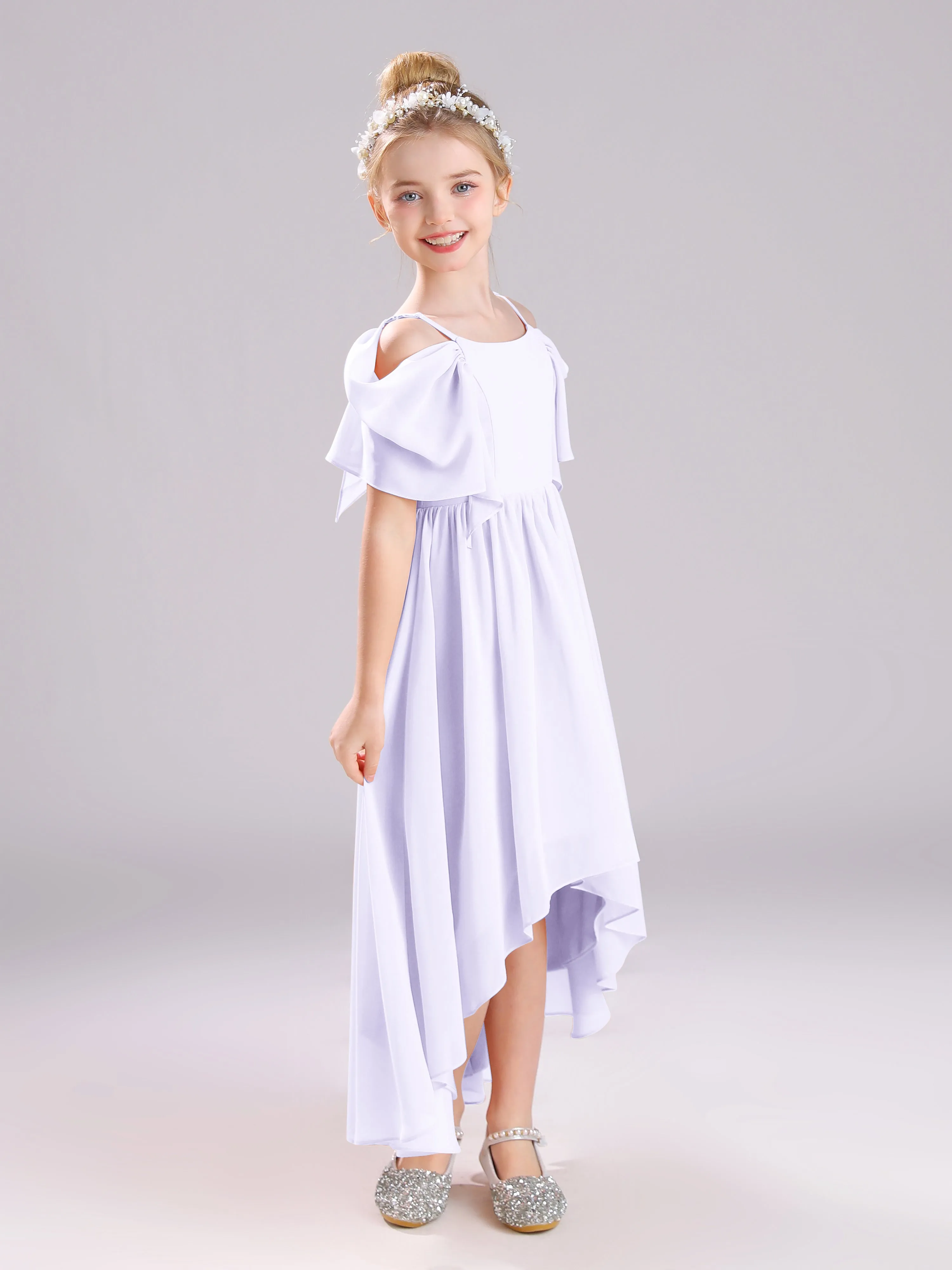 Off The Shoulder Straps Long Chiffon Junior Bridesmaid Dresses