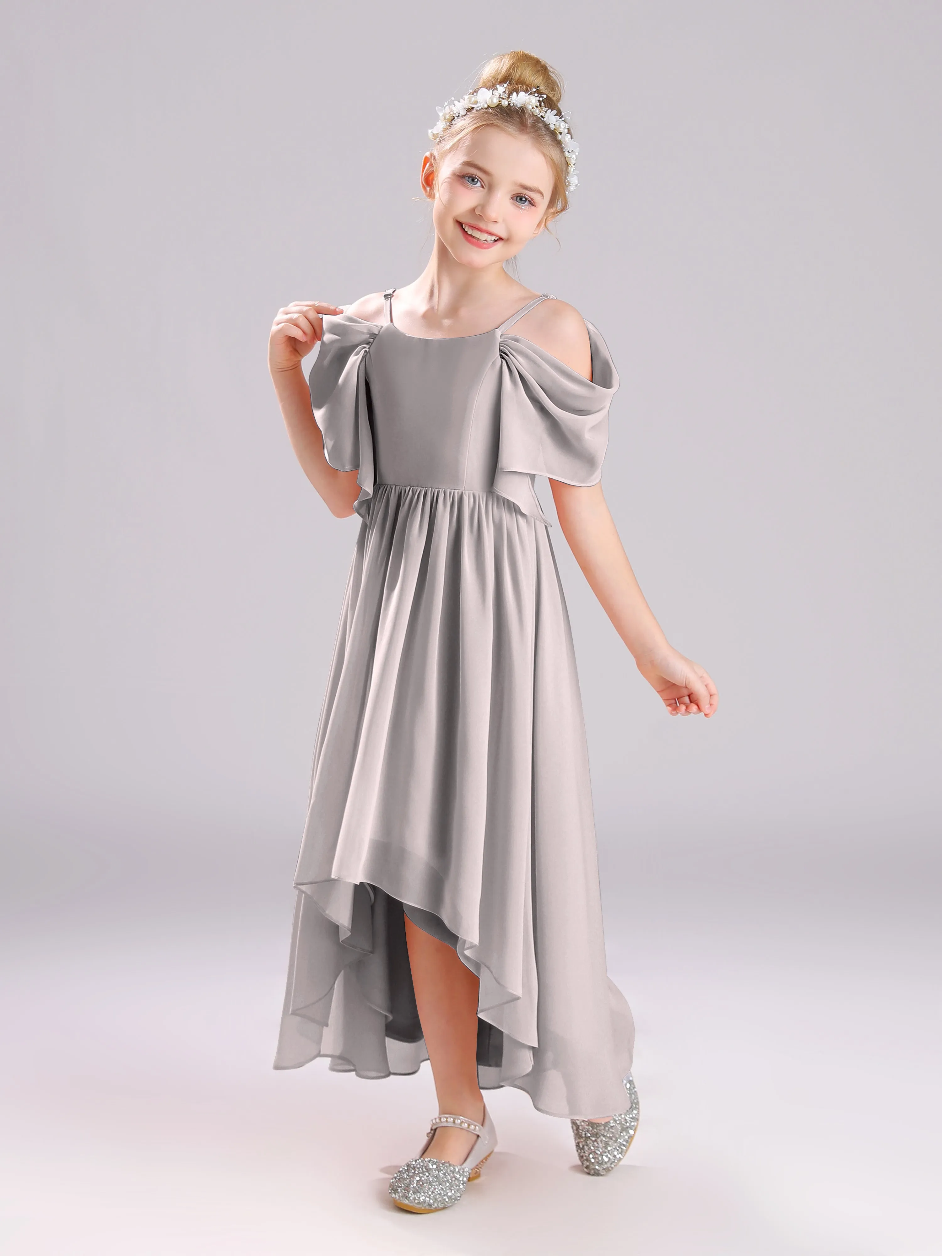 Off The Shoulder Straps Long Chiffon Junior Bridesmaid Dresses