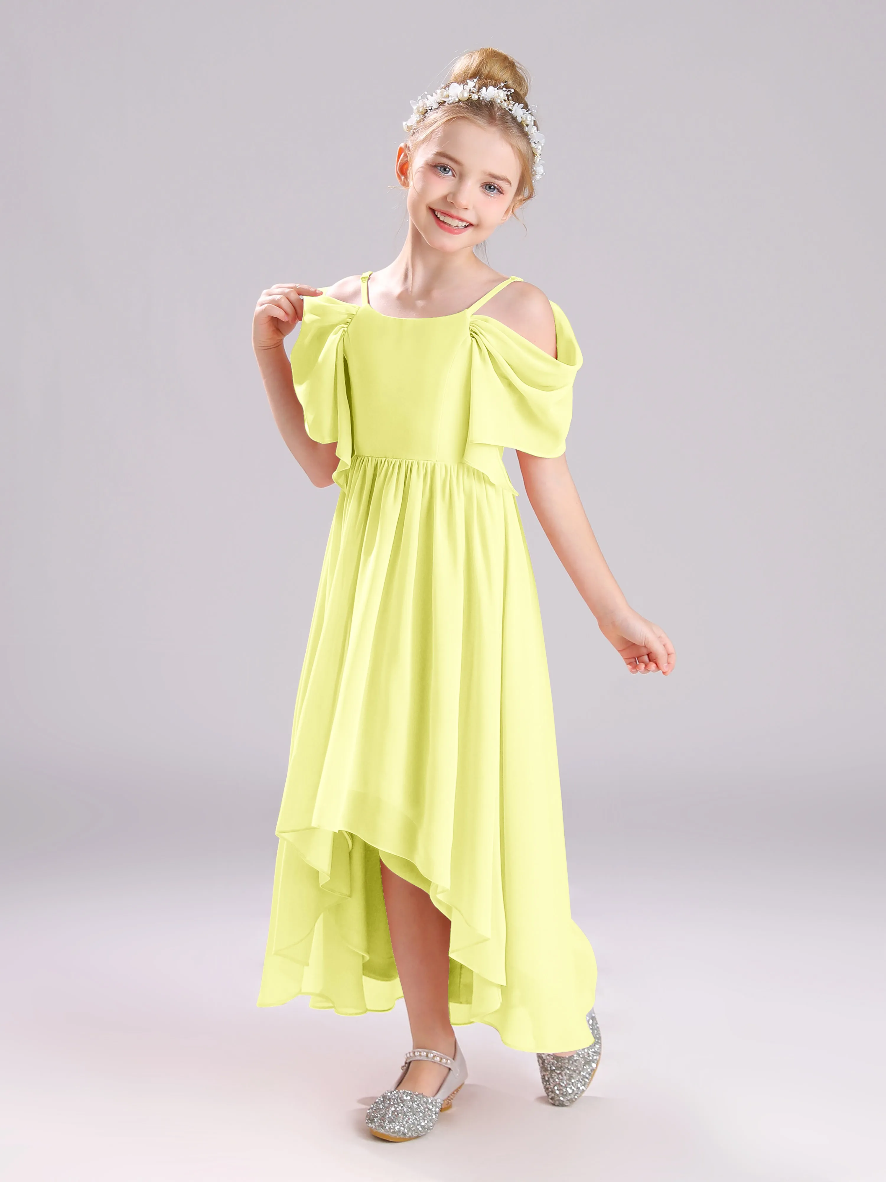 Off The Shoulder Straps Long Chiffon Junior Bridesmaid Dresses