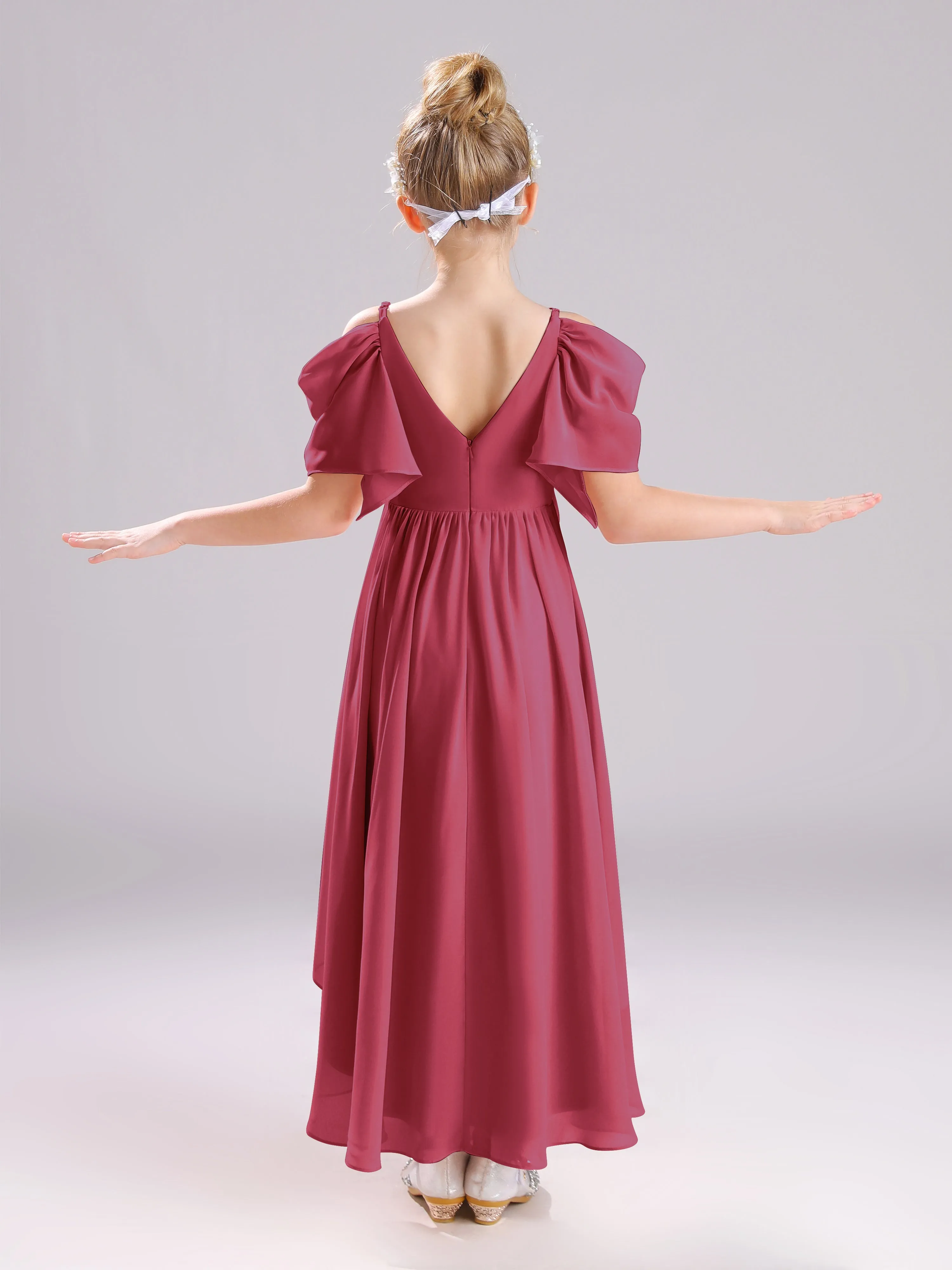 Off The Shoulder Straps Long Chiffon Junior Bridesmaid Dresses