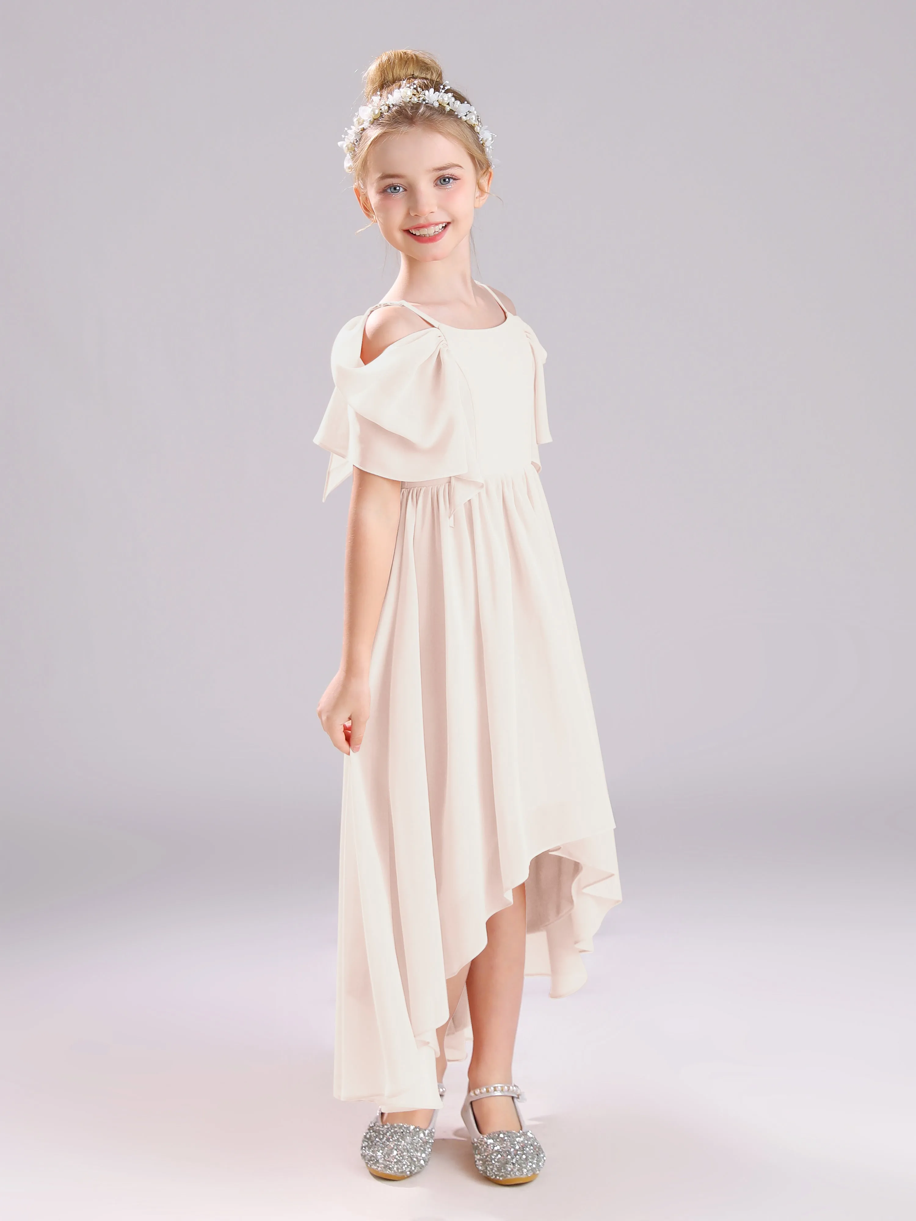 Off The Shoulder Straps Long Chiffon Junior Bridesmaid Dresses