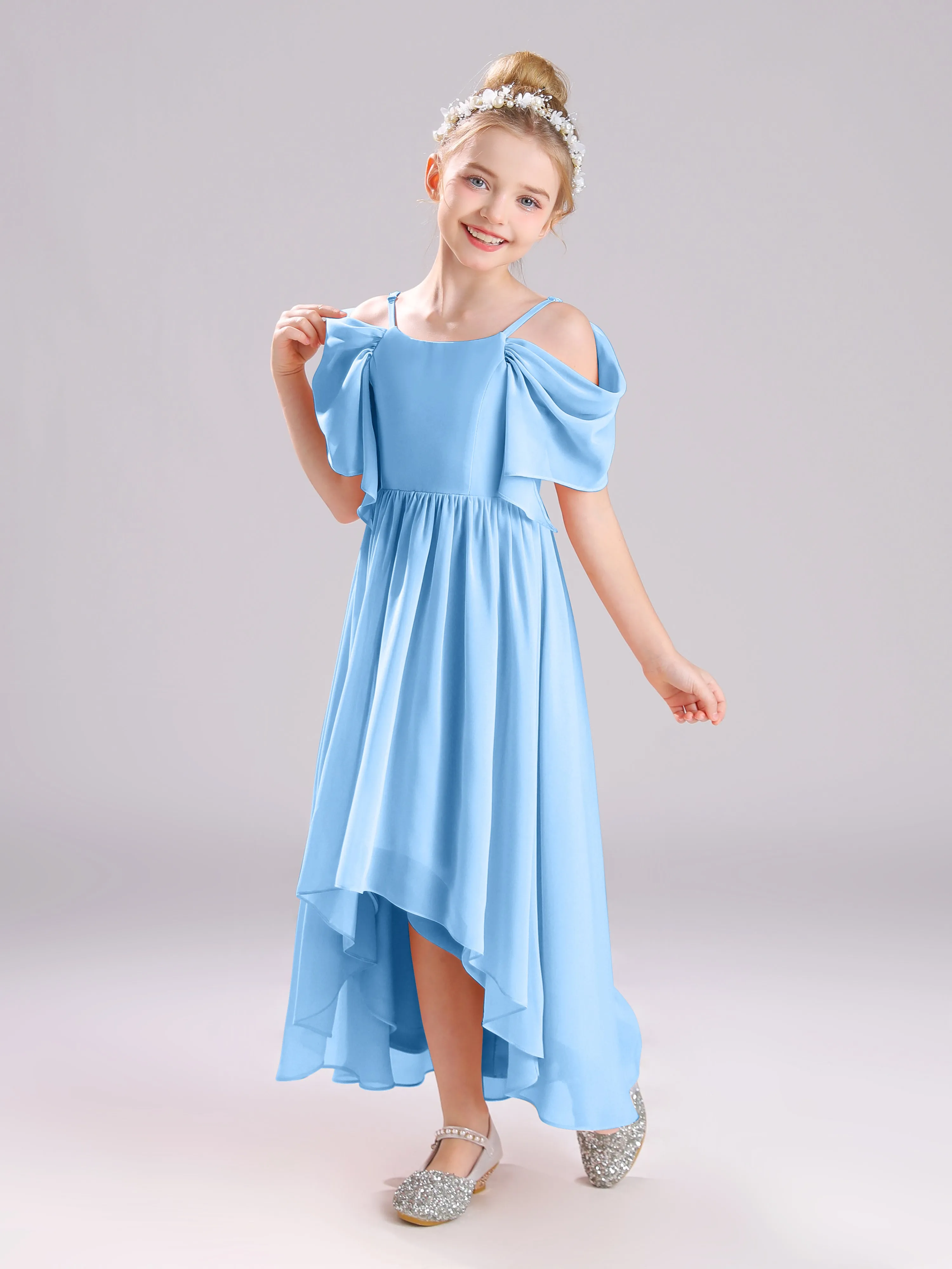 Off The Shoulder Straps Long Chiffon Junior Bridesmaid Dresses