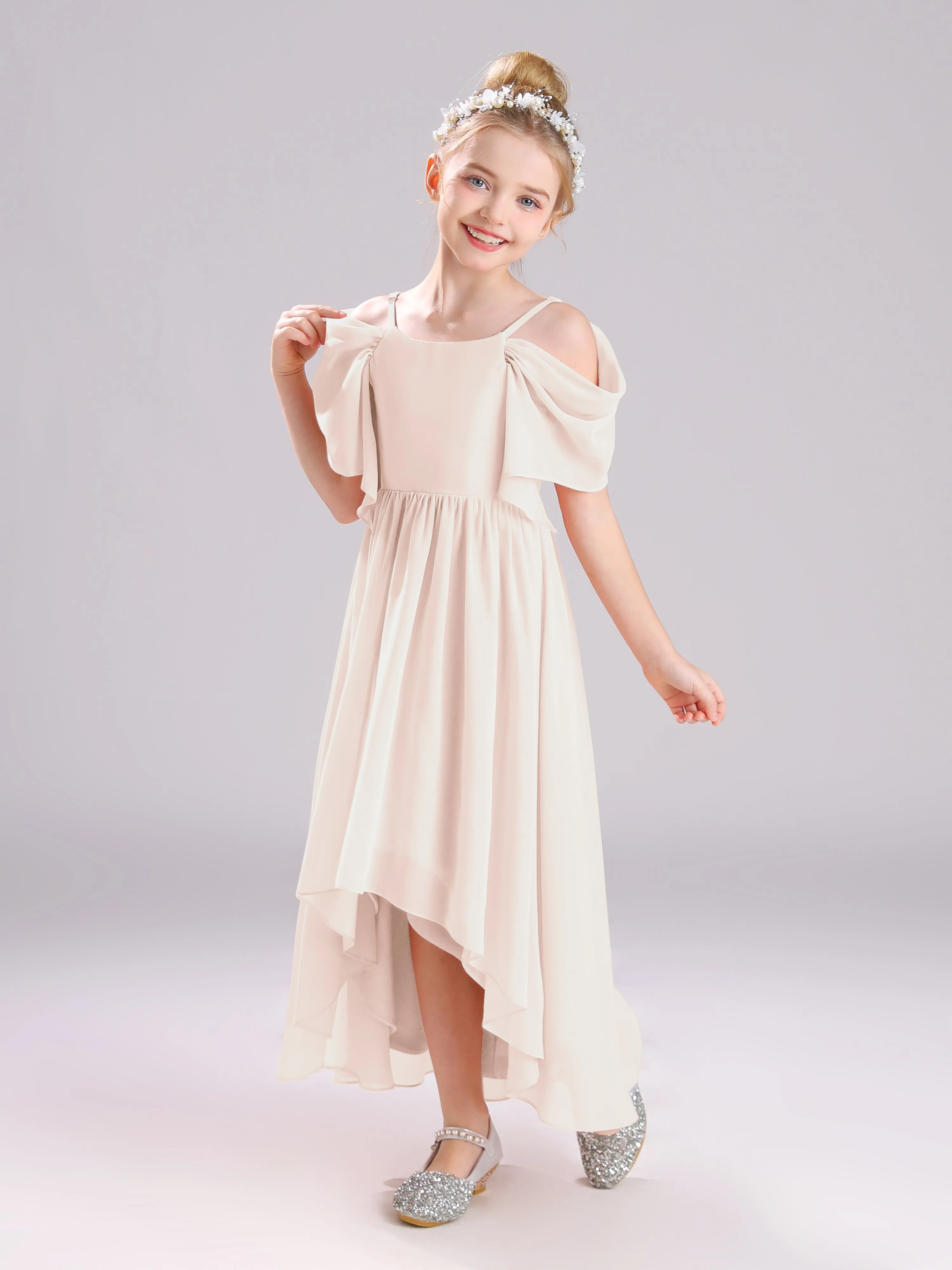 Off The Shoulder Straps Long Chiffon Junior Bridesmaid Dresses