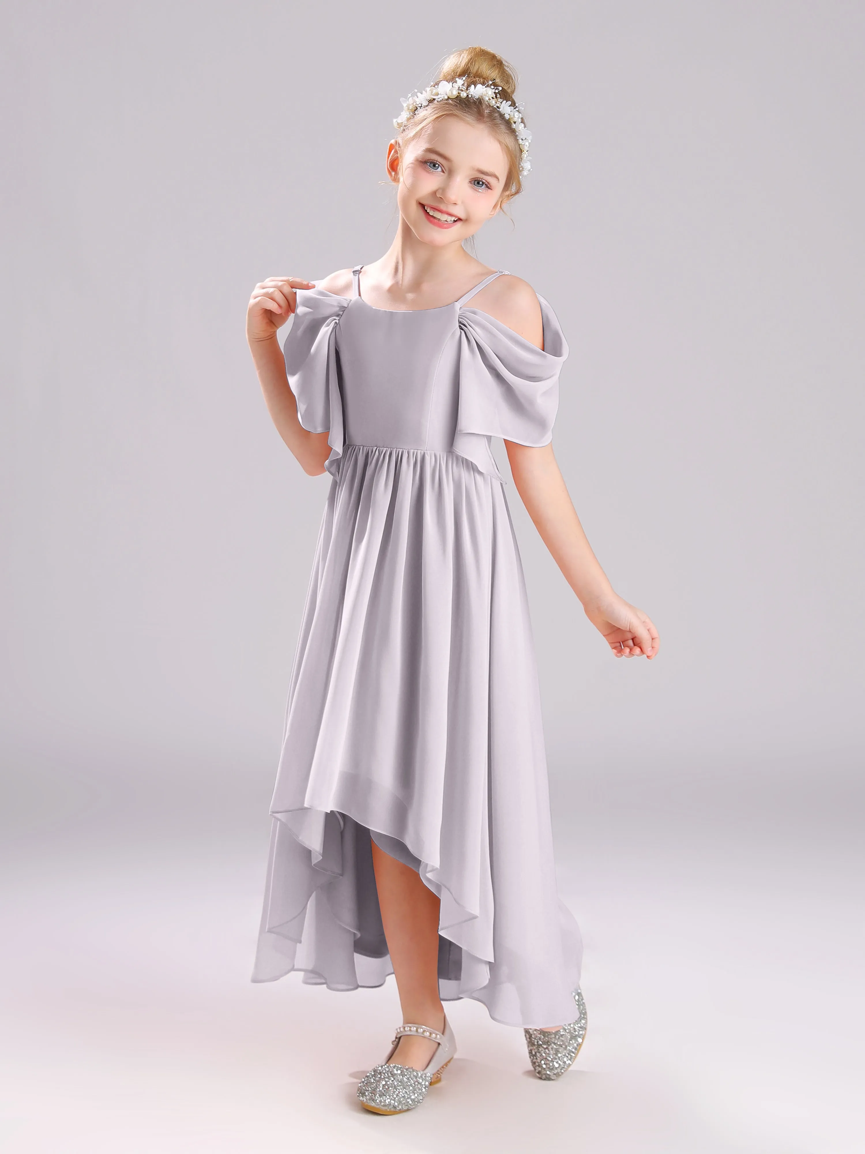 Off The Shoulder Straps Long Chiffon Junior Bridesmaid Dresses