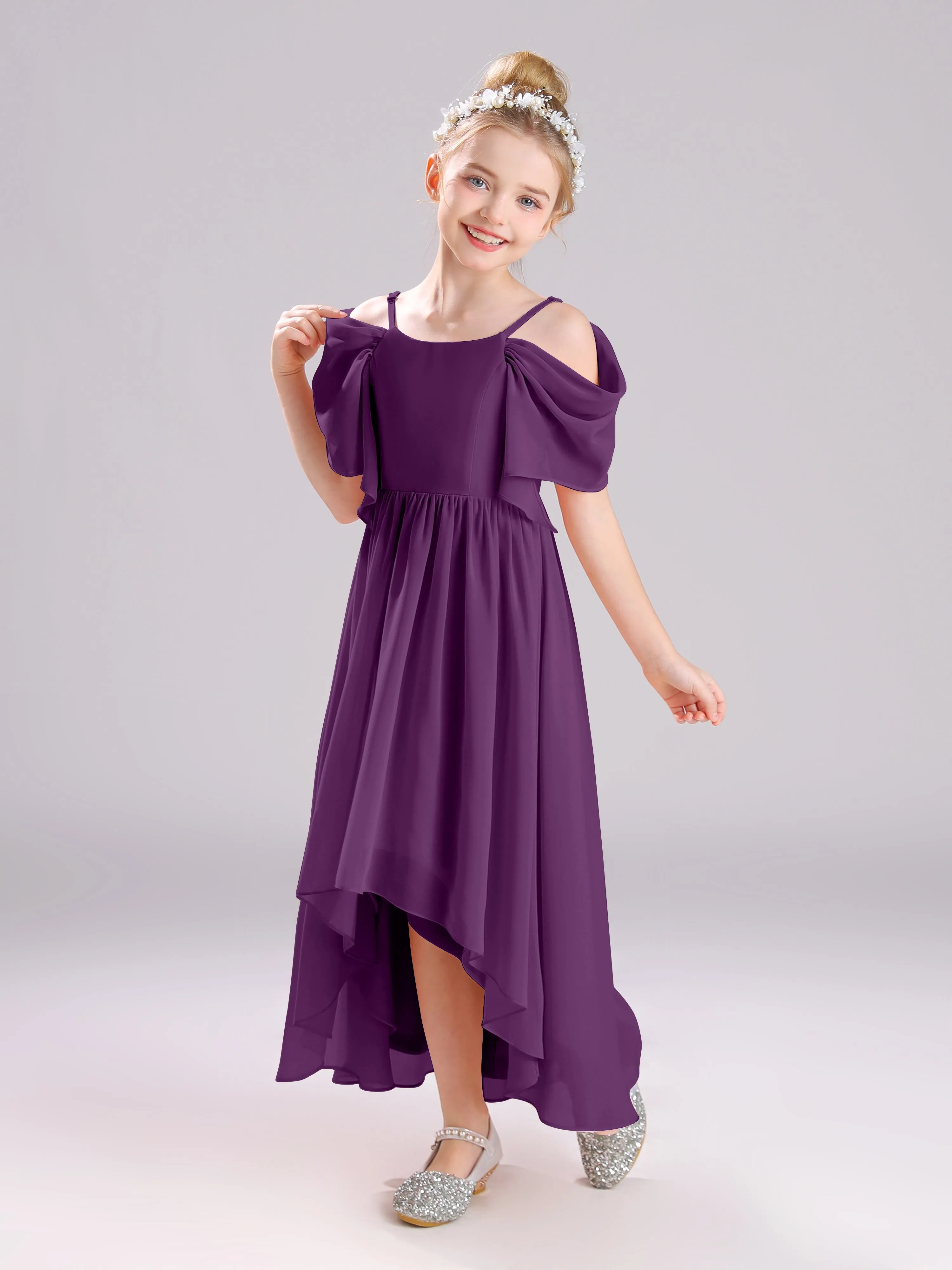 Off The Shoulder Straps Long Chiffon Junior Bridesmaid Dresses