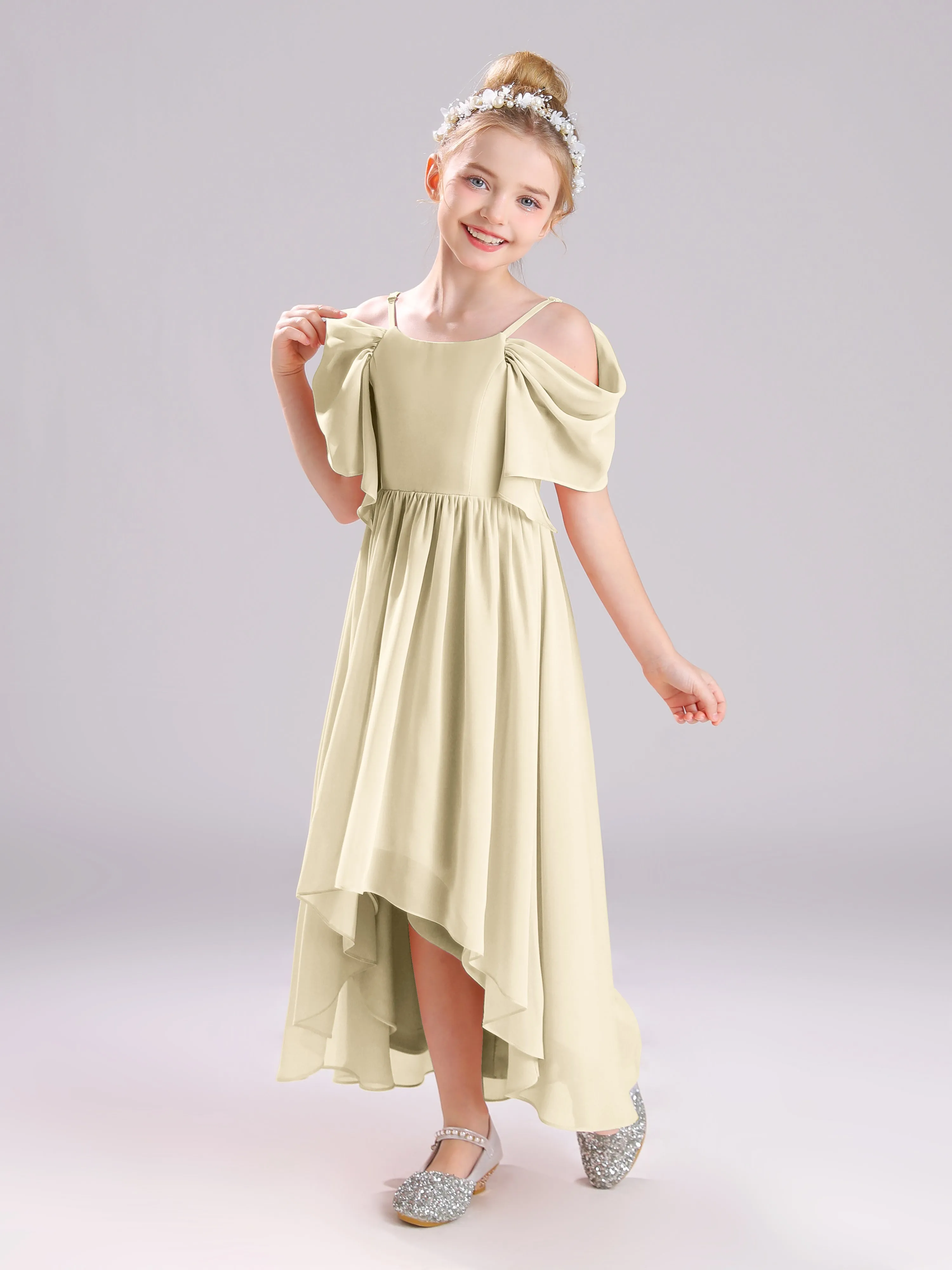 Off The Shoulder Straps Long Chiffon Junior Bridesmaid Dresses