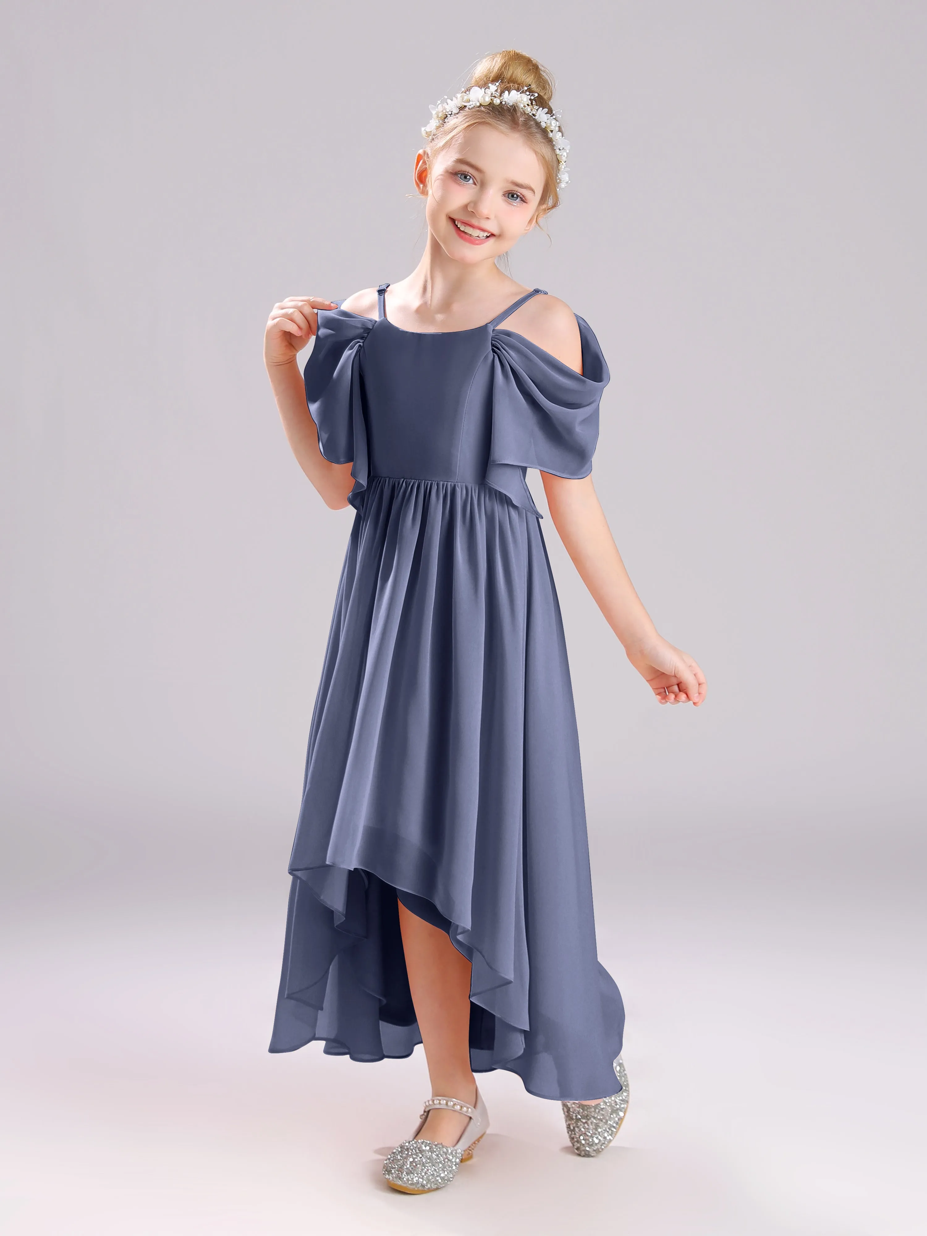 Off The Shoulder Straps Long Chiffon Junior Bridesmaid Dresses