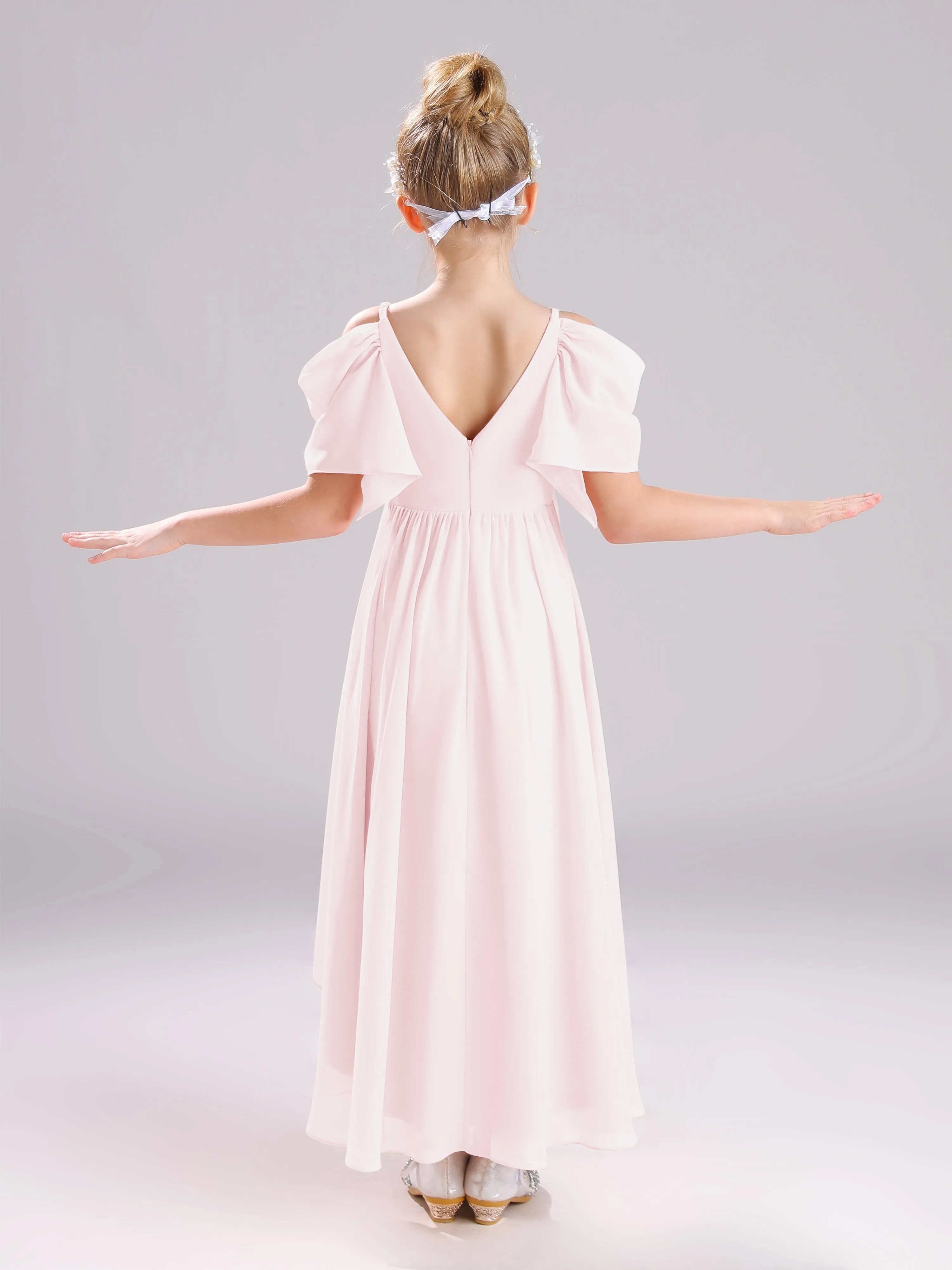 Off The Shoulder Straps Long Chiffon Junior Bridesmaid Dresses