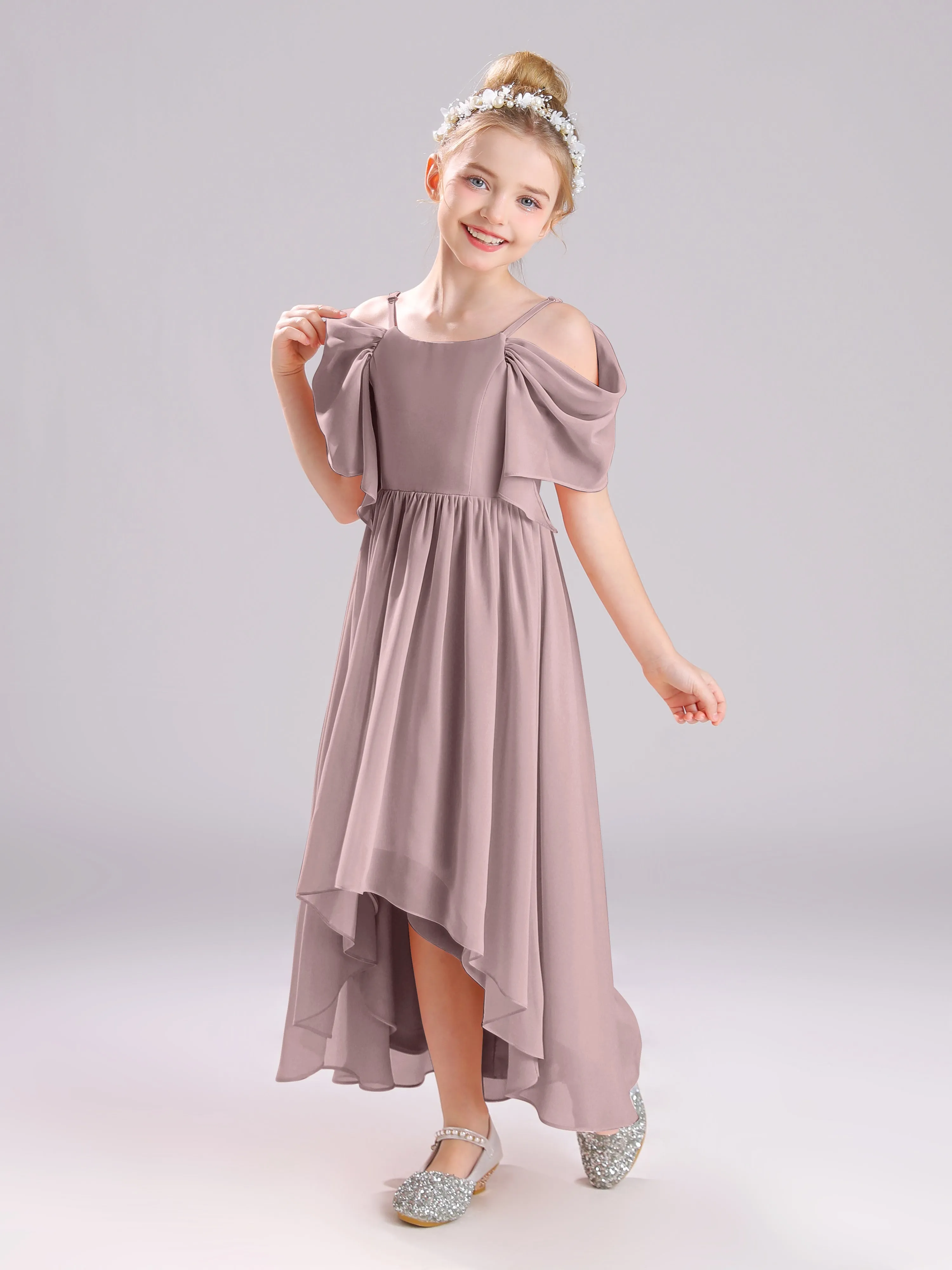 Off The Shoulder Straps Long Chiffon Junior Bridesmaid Dresses