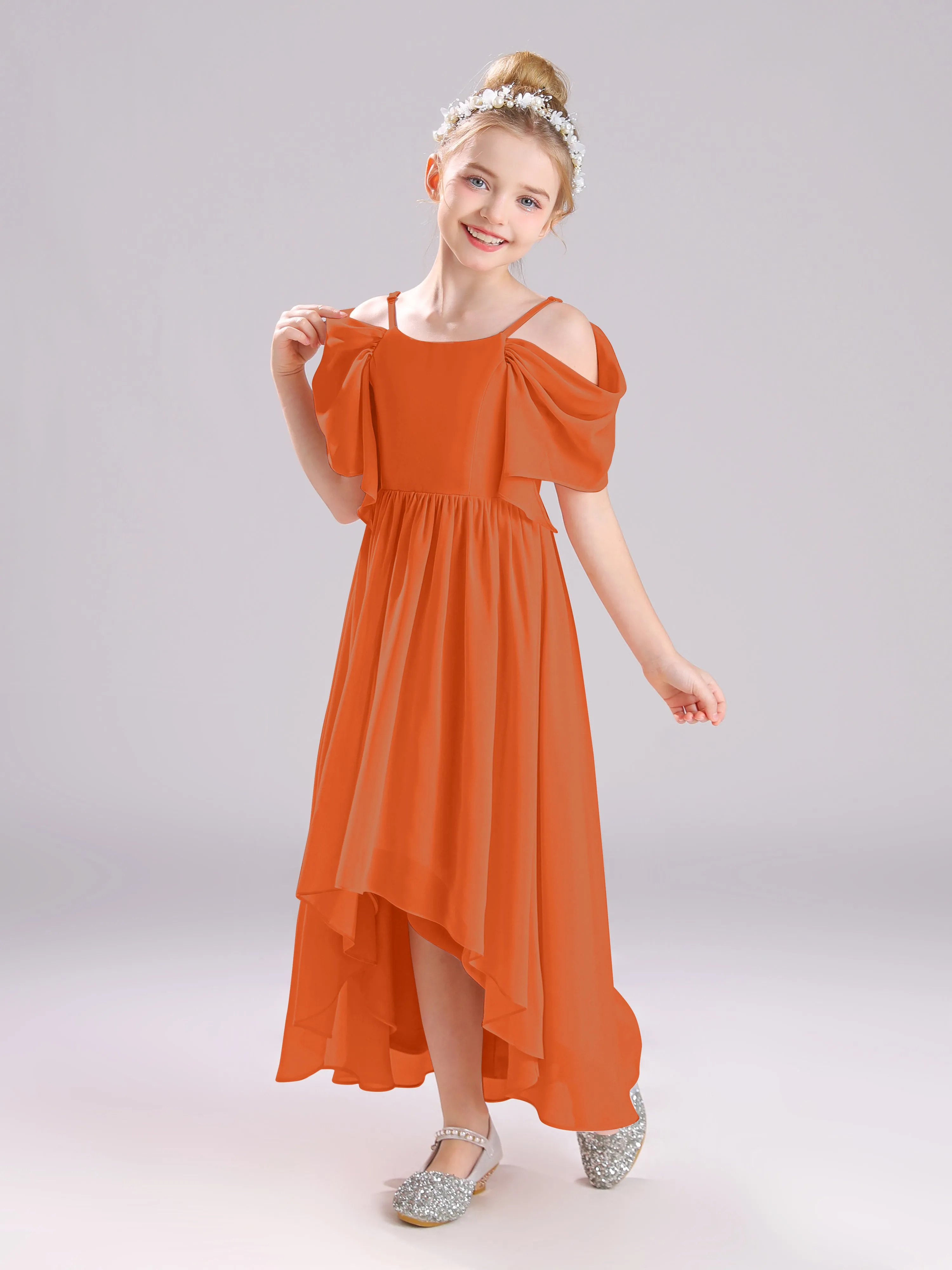 Off The Shoulder Straps Long Chiffon Junior Bridesmaid Dresses