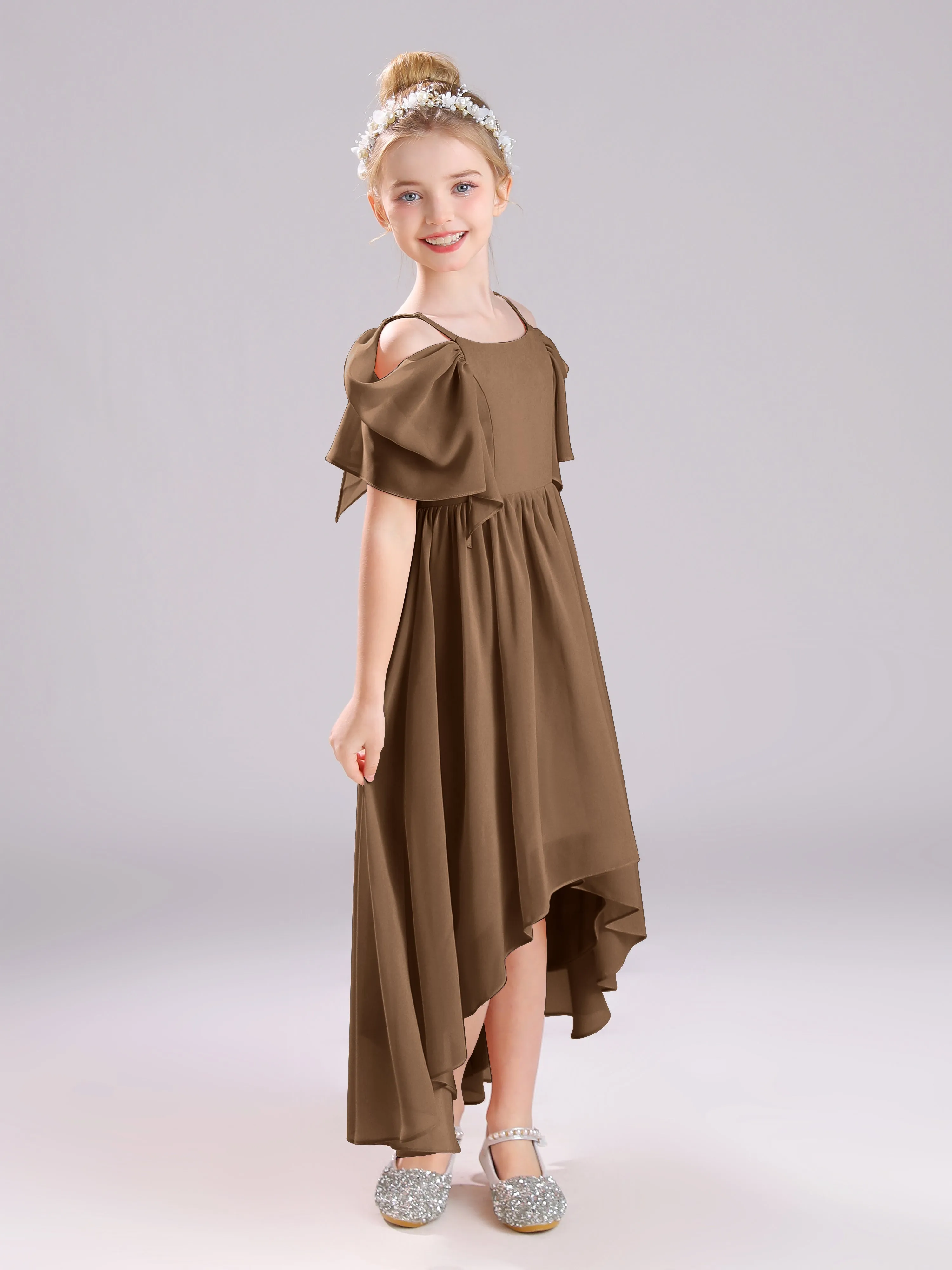 Off The Shoulder Straps Long Chiffon Junior Bridesmaid Dresses