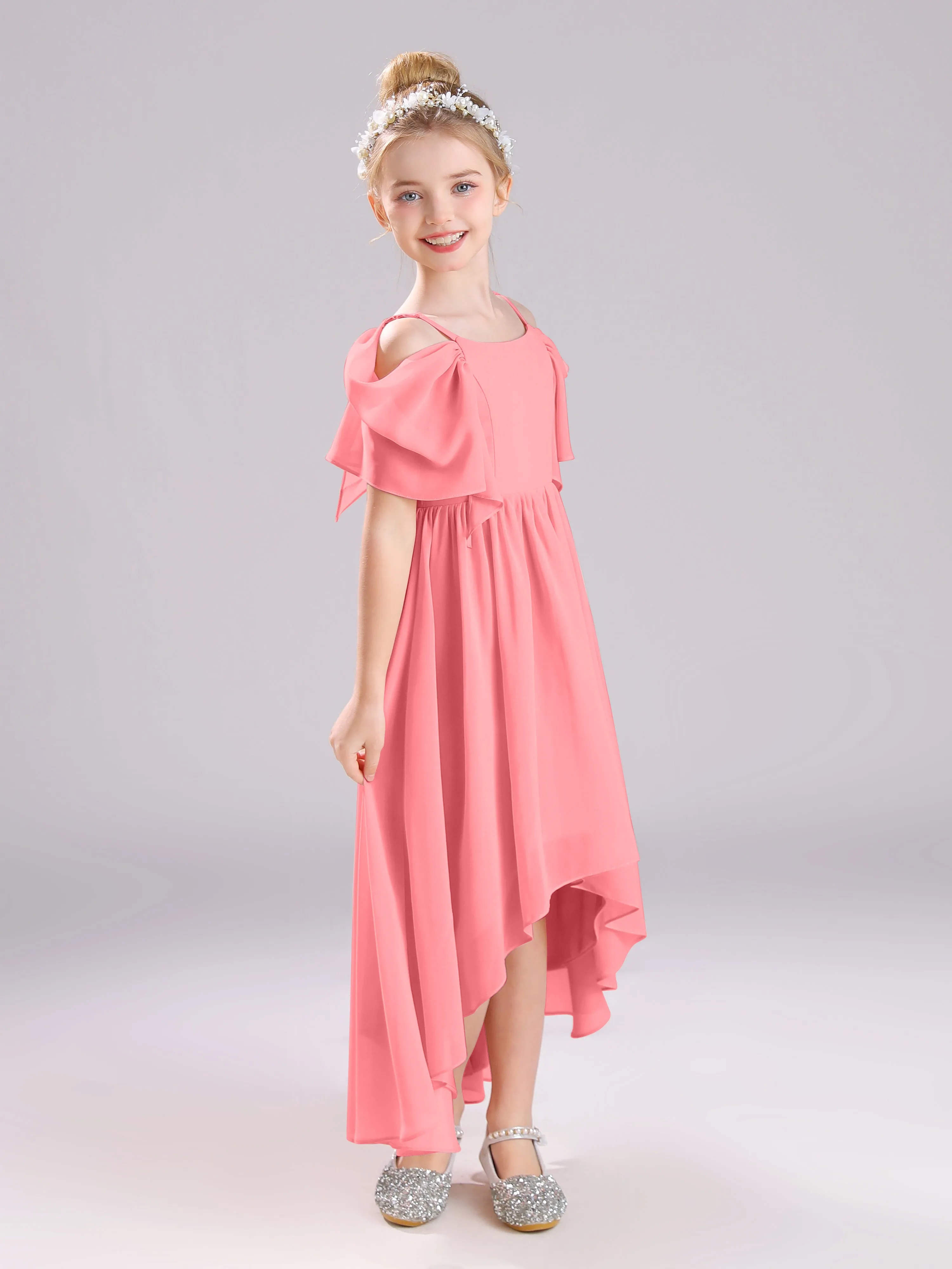 Off The Shoulder Straps Long Chiffon Junior Bridesmaid Dresses