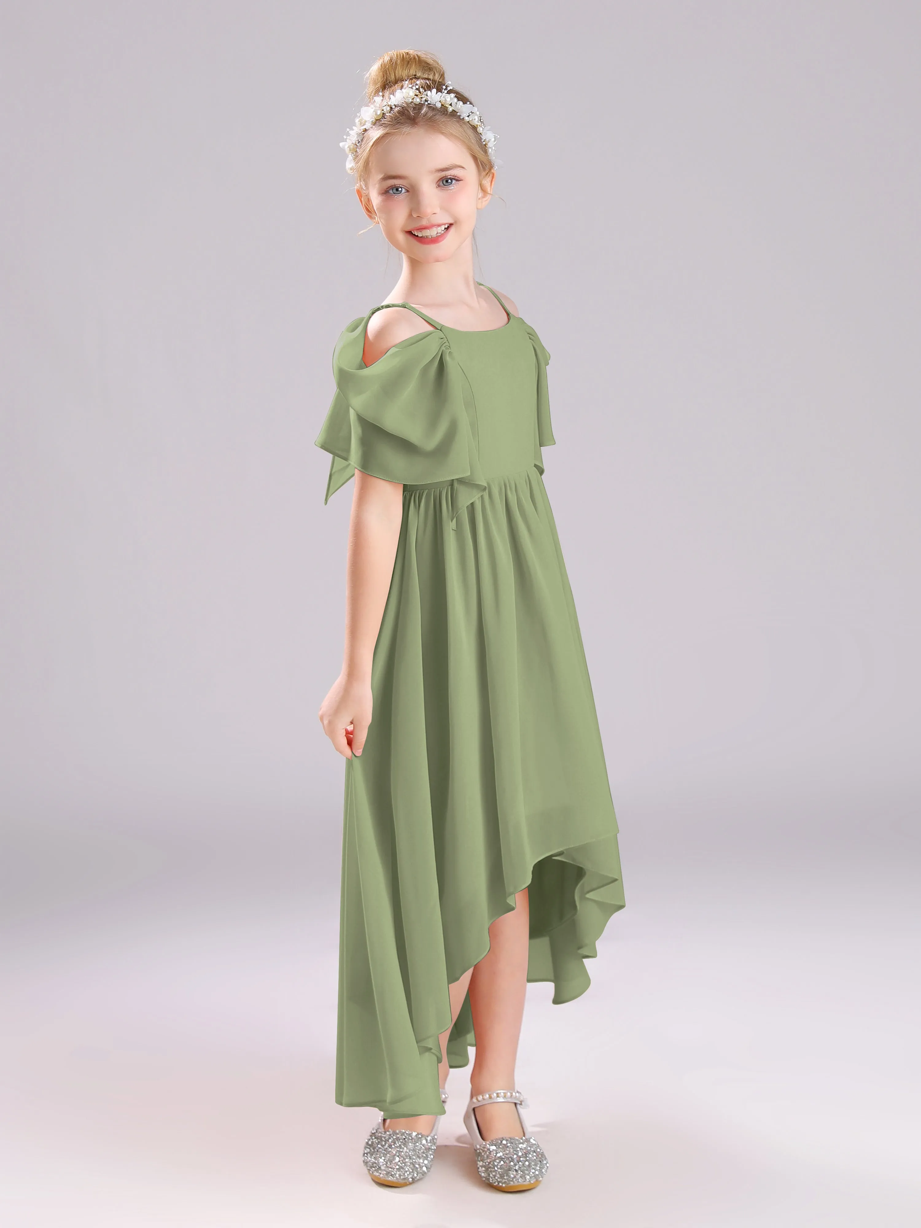 Off The Shoulder Straps Long Chiffon Junior Bridesmaid Dresses