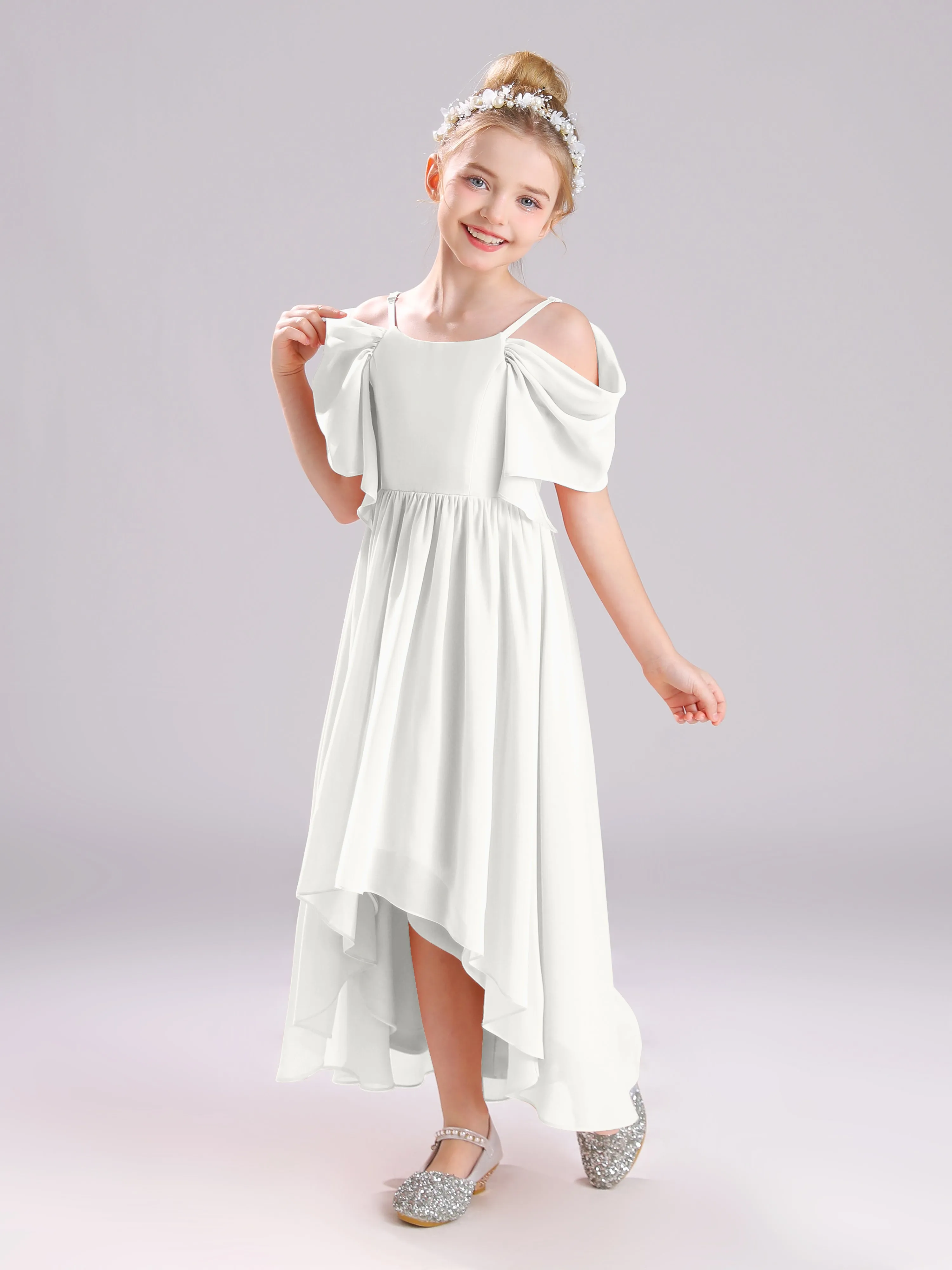 Off The Shoulder Straps Long Chiffon Junior Bridesmaid Dresses