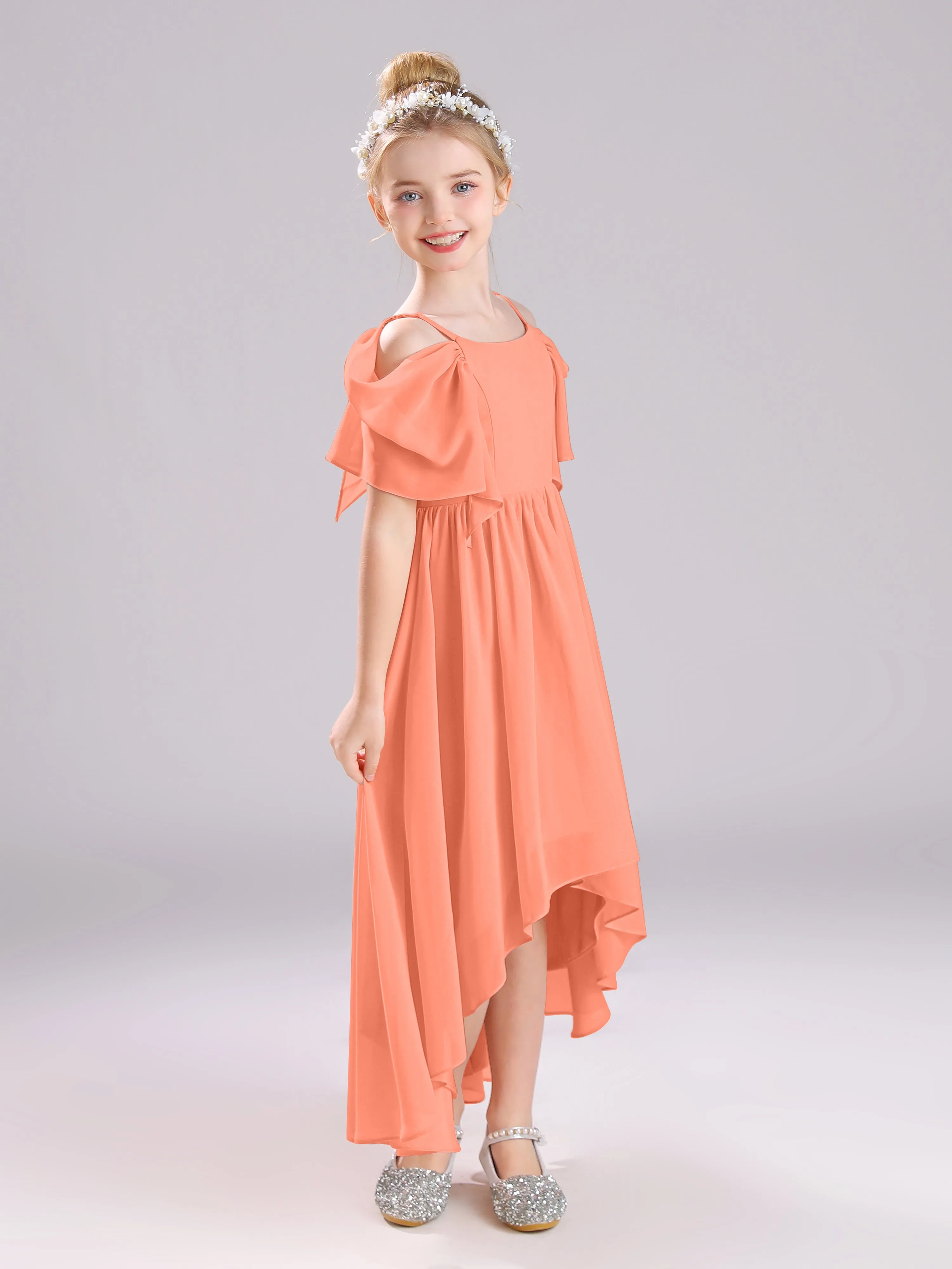 Off The Shoulder Straps Long Chiffon Junior Bridesmaid Dresses