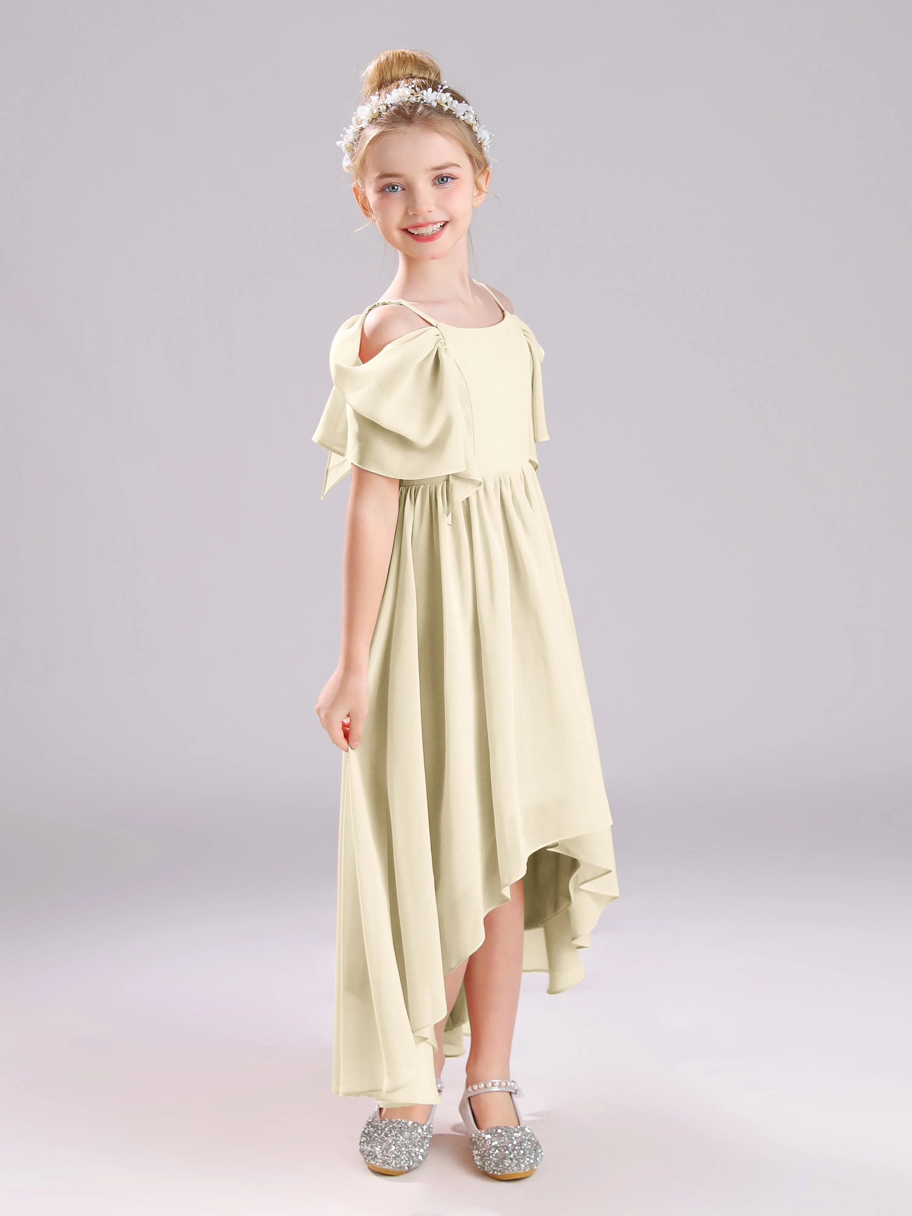 Off The Shoulder Straps Long Chiffon Junior Bridesmaid Dresses