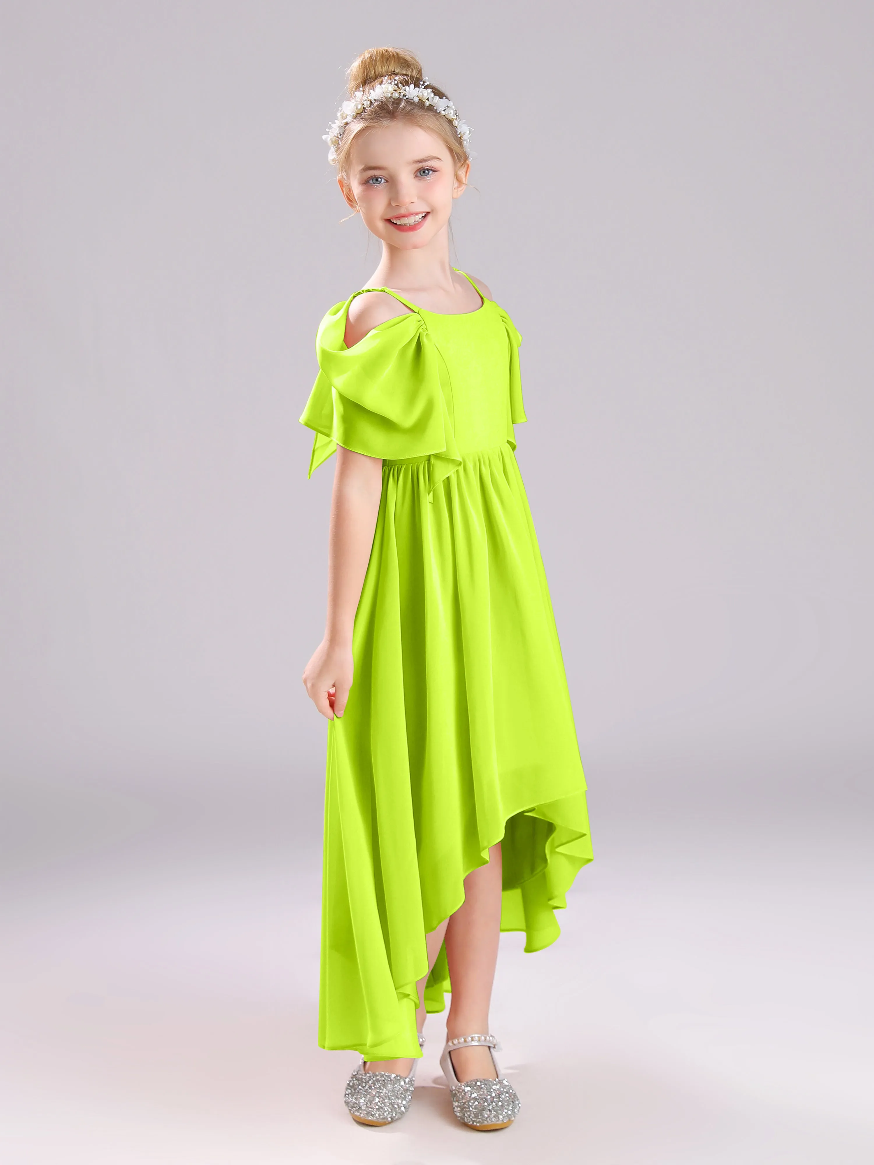 Off The Shoulder Straps Long Chiffon Junior Bridesmaid Dresses