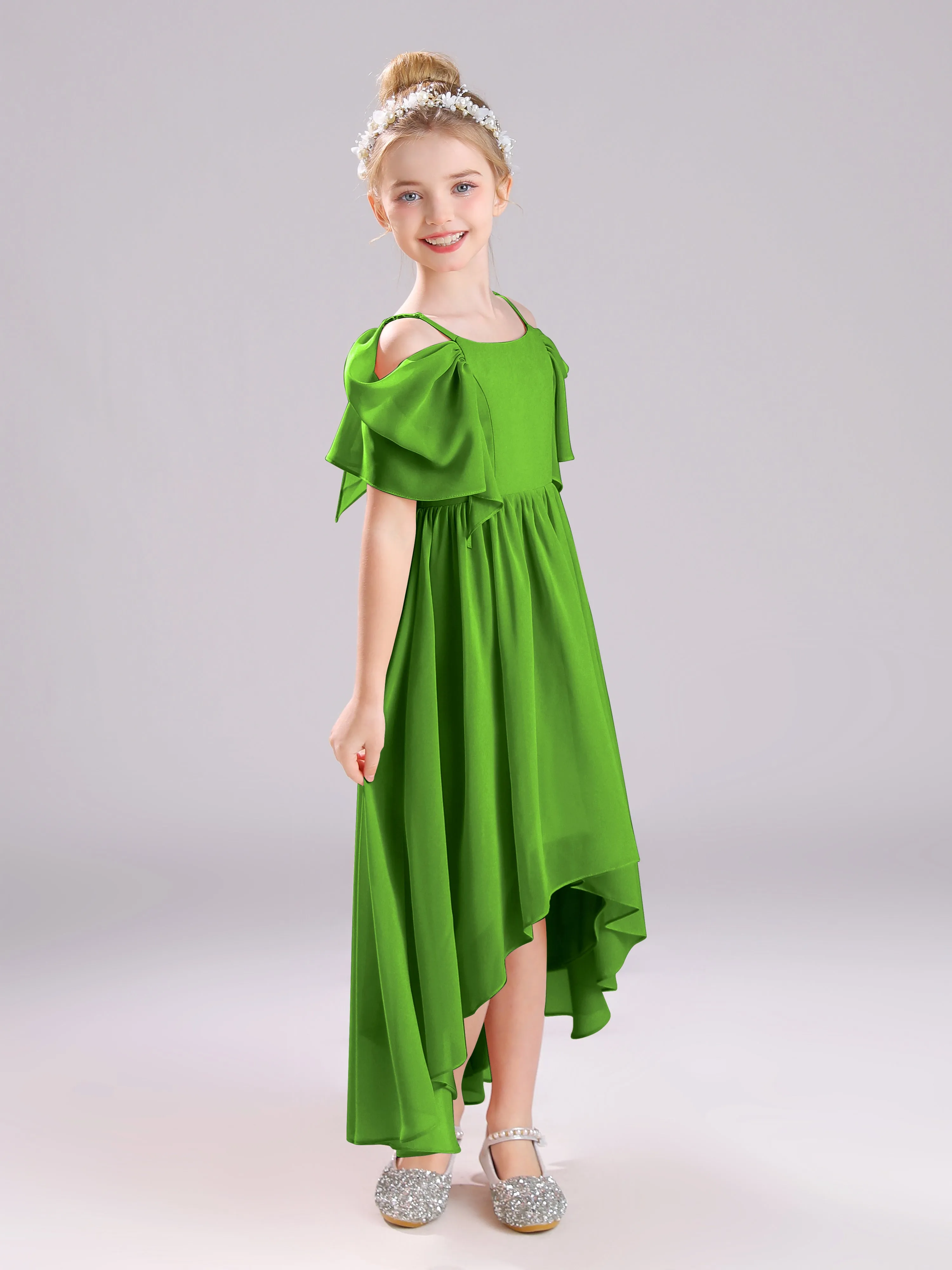 Off The Shoulder Straps Long Chiffon Junior Bridesmaid Dresses