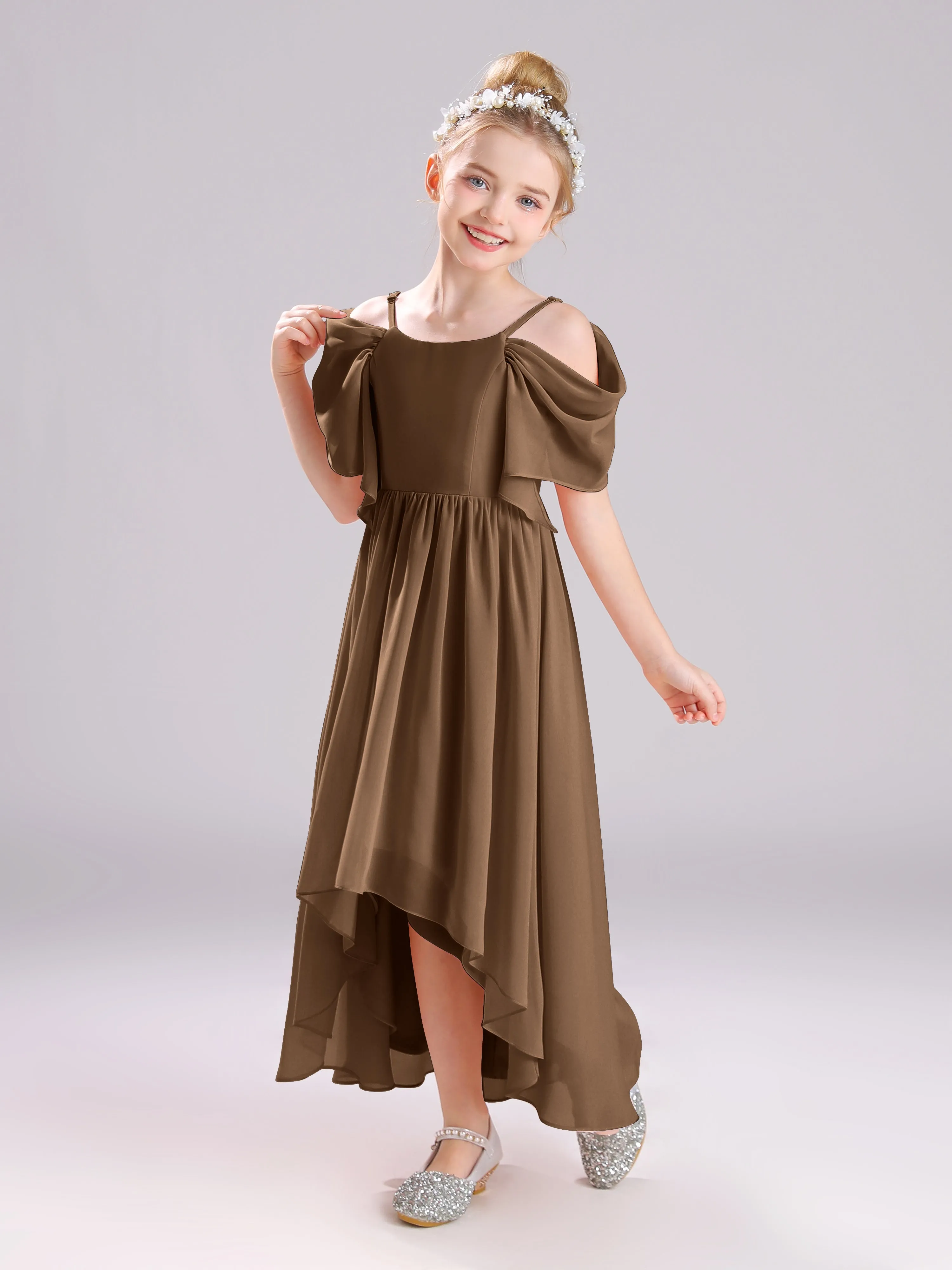 Off The Shoulder Straps Long Chiffon Junior Bridesmaid Dresses