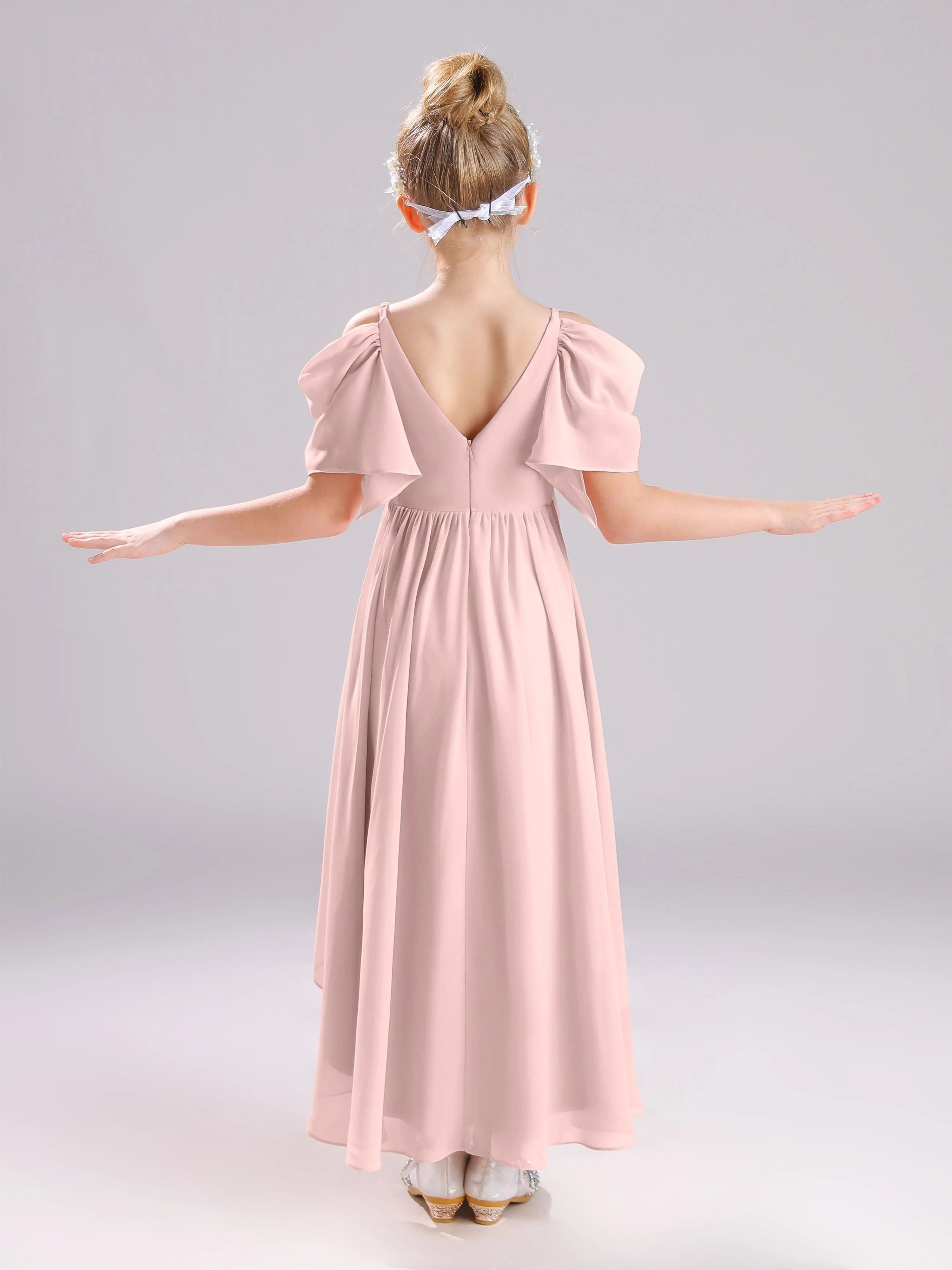 Off The Shoulder Straps Long Chiffon Junior Bridesmaid Dresses