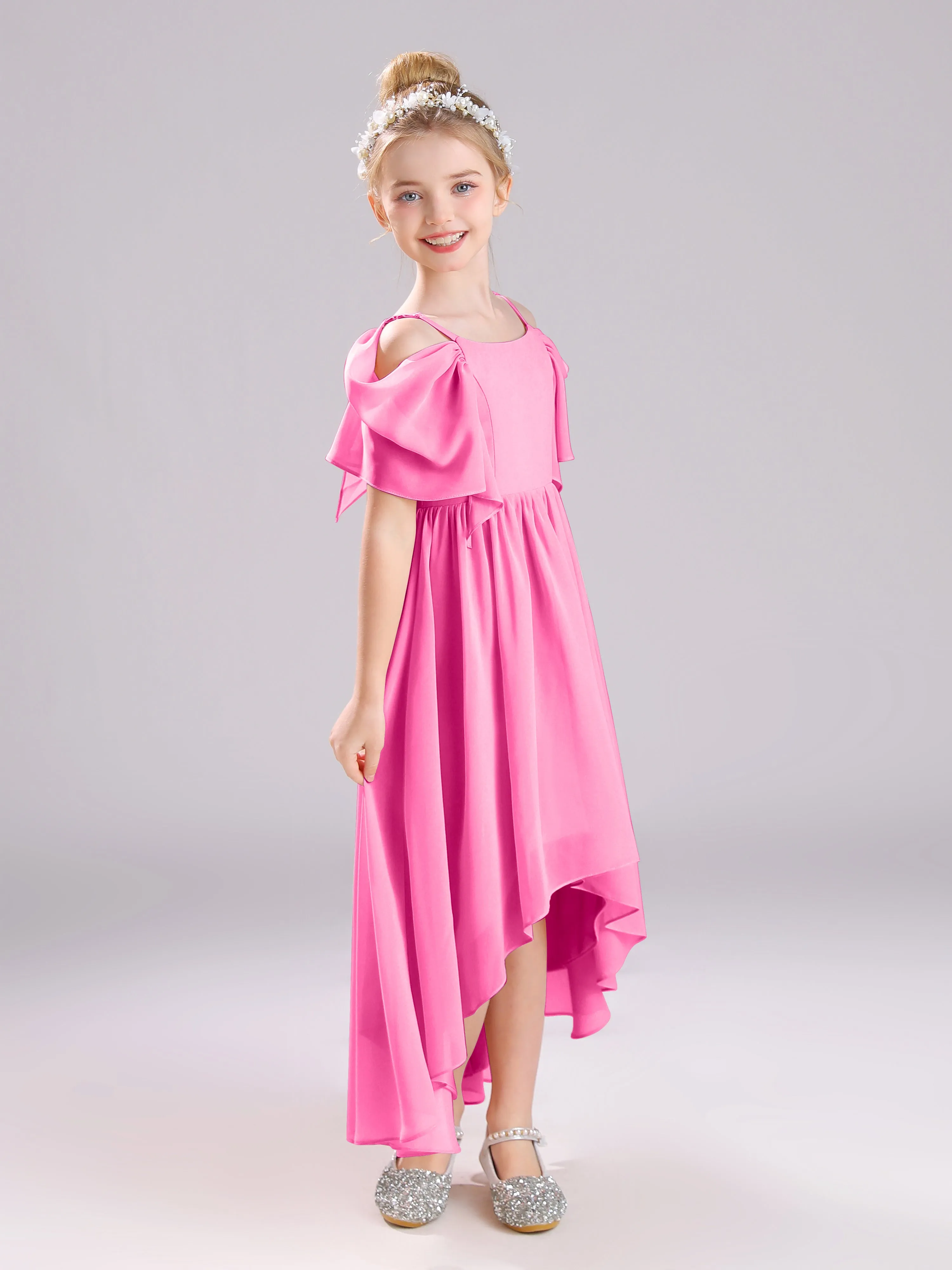 Off The Shoulder Straps Long Chiffon Junior Bridesmaid Dresses