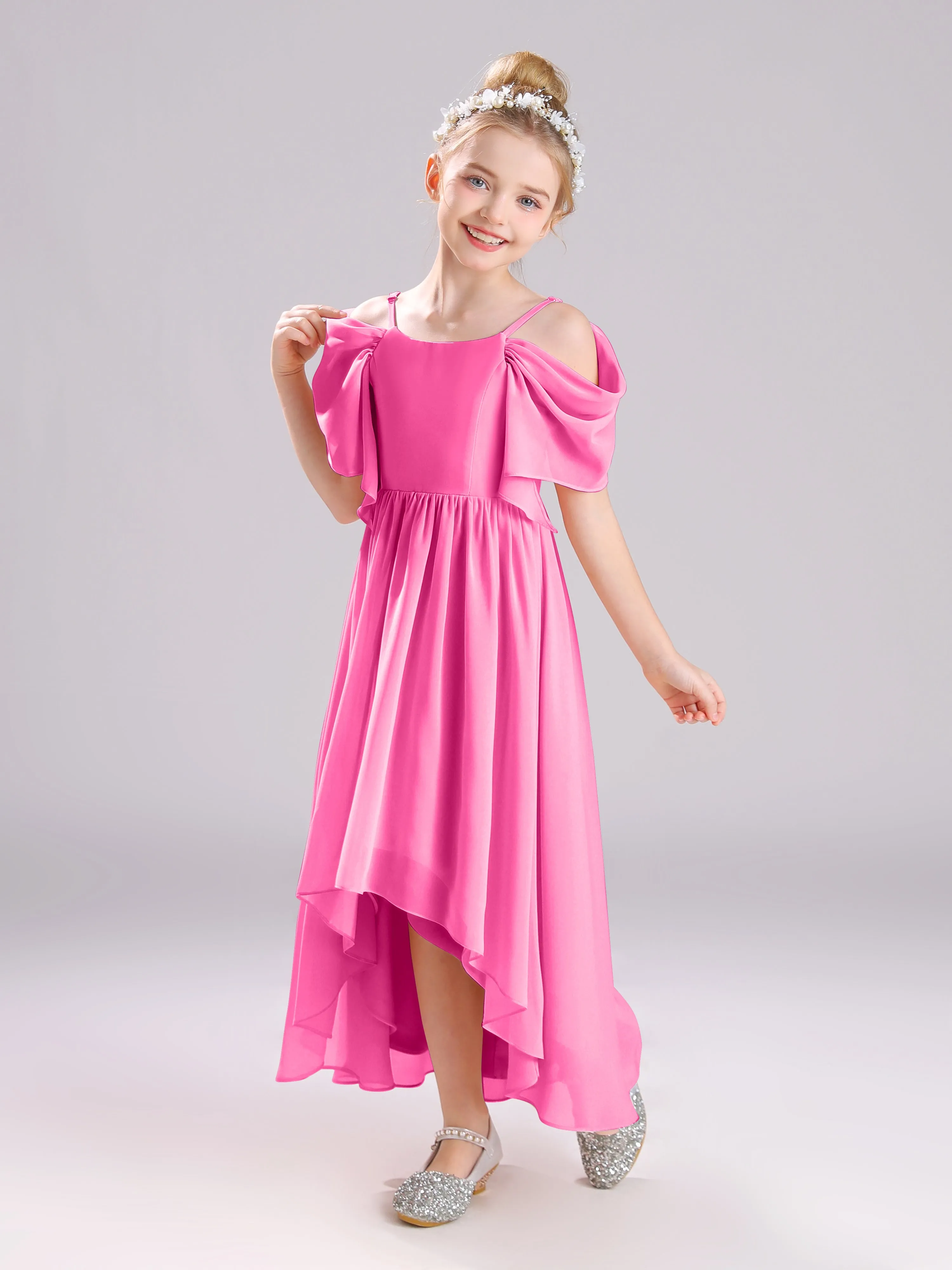 Off The Shoulder Straps Long Chiffon Junior Bridesmaid Dresses