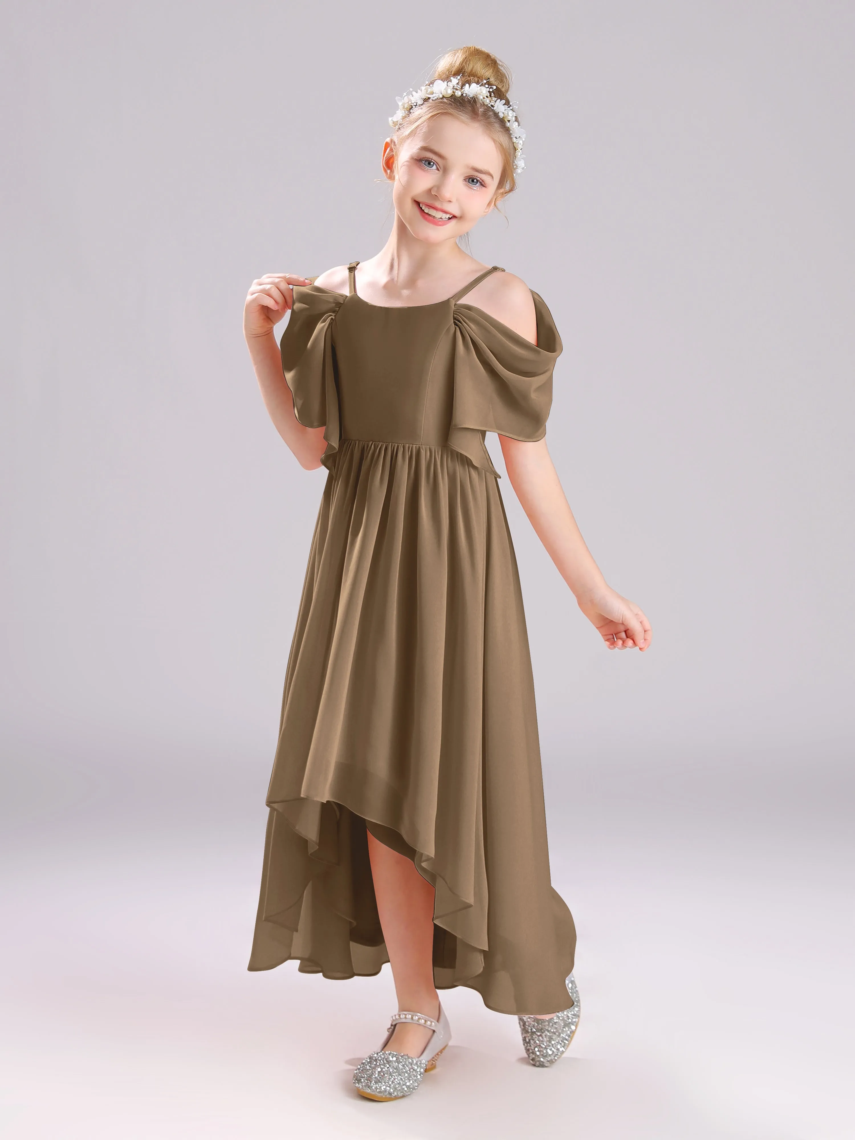 Off The Shoulder Straps Long Chiffon Junior Bridesmaid Dresses