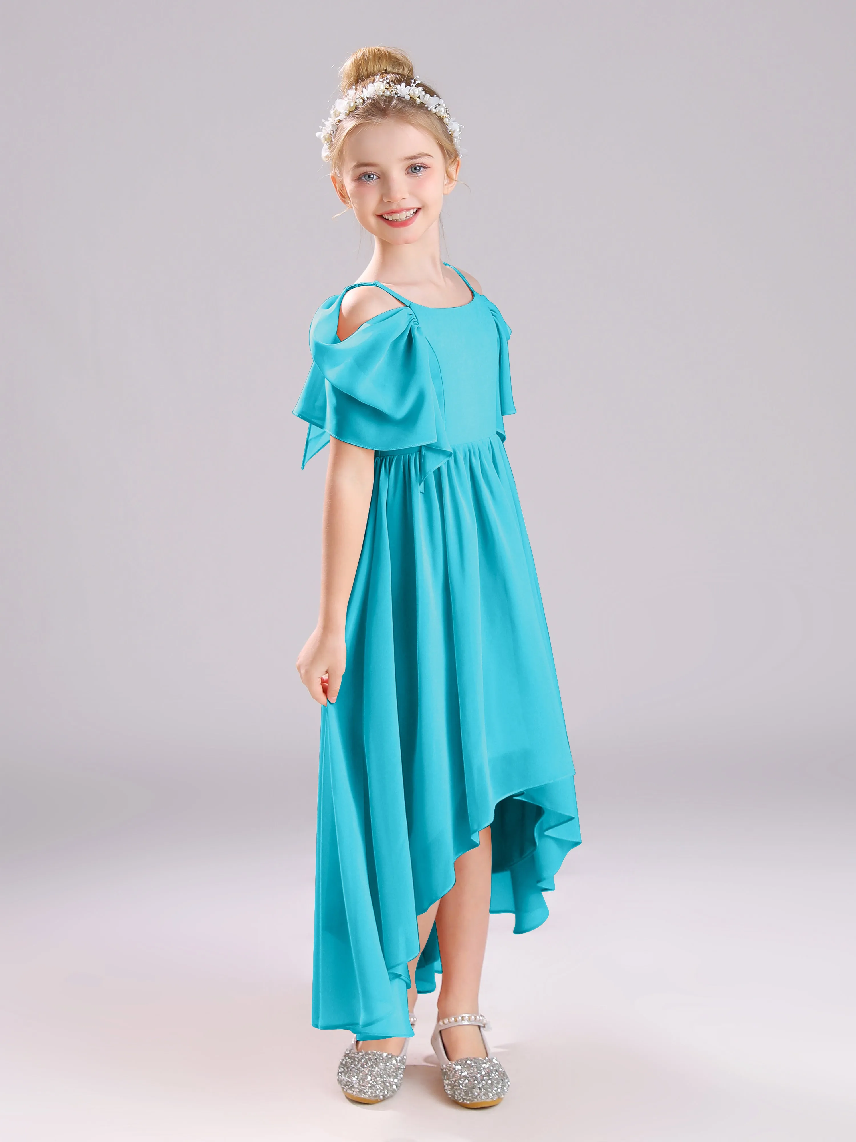 Off The Shoulder Straps Long Chiffon Junior Bridesmaid Dresses