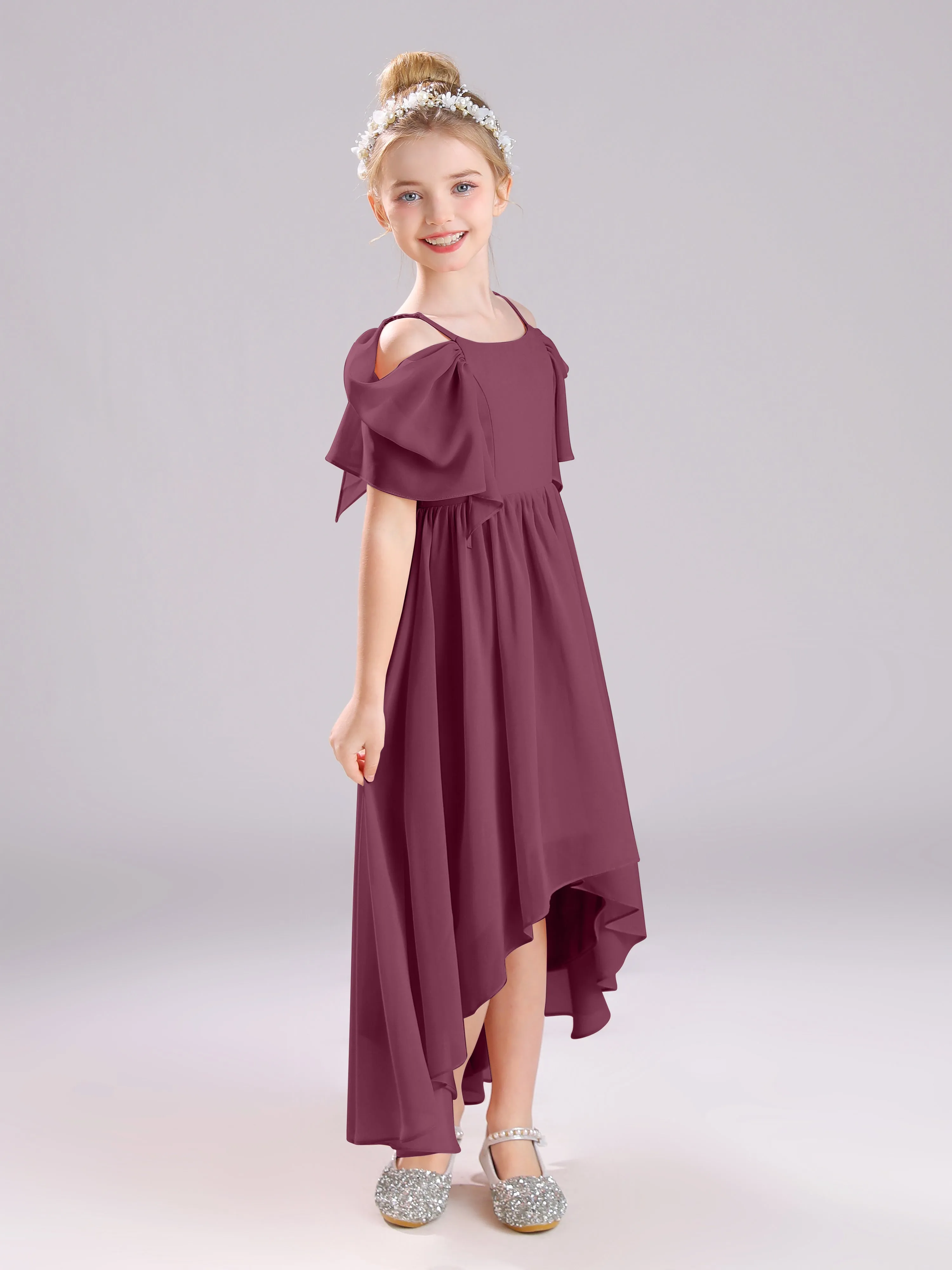 Off The Shoulder Straps Long Chiffon Junior Bridesmaid Dresses