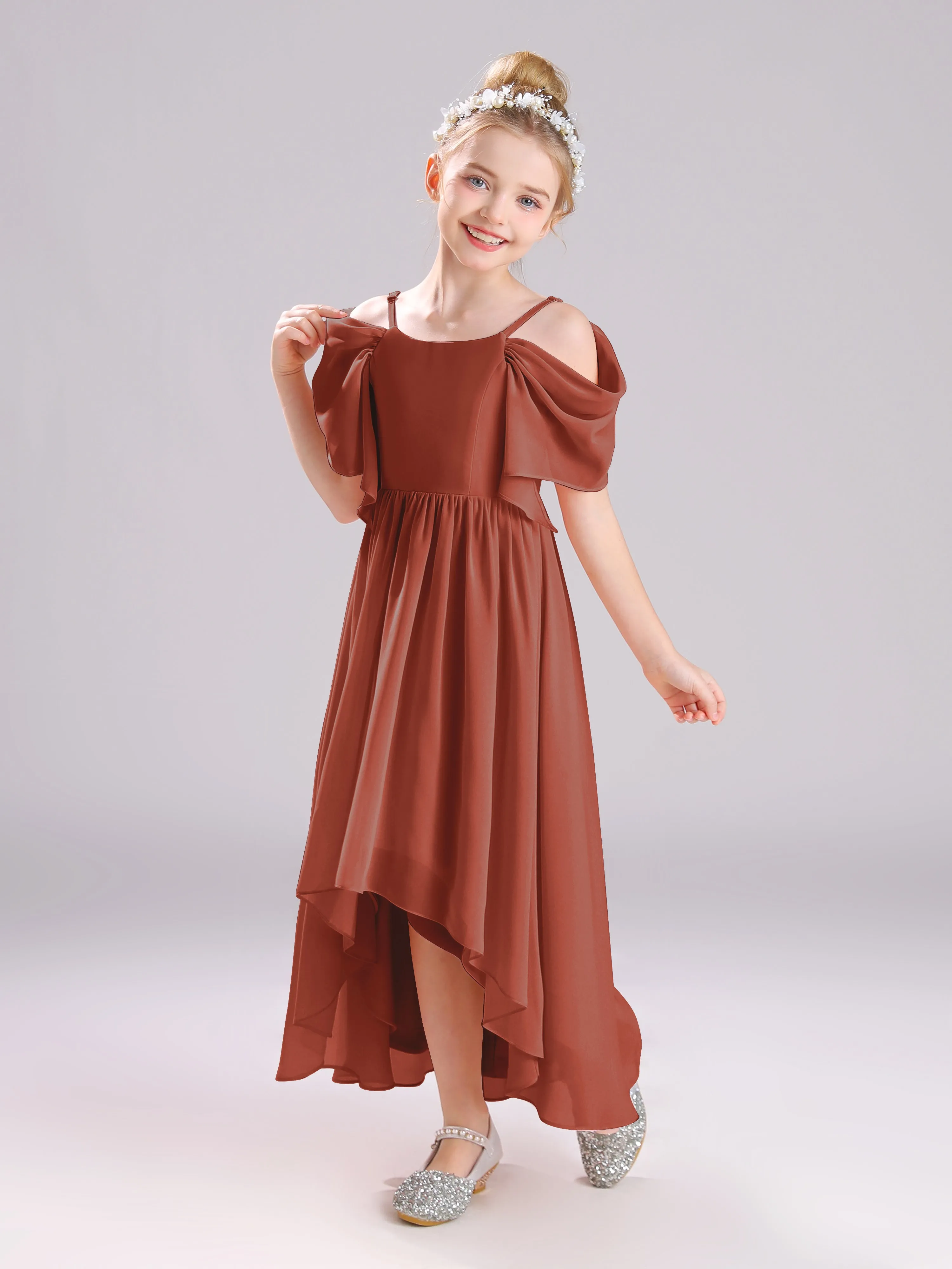 Off The Shoulder Straps Long Chiffon Junior Bridesmaid Dresses