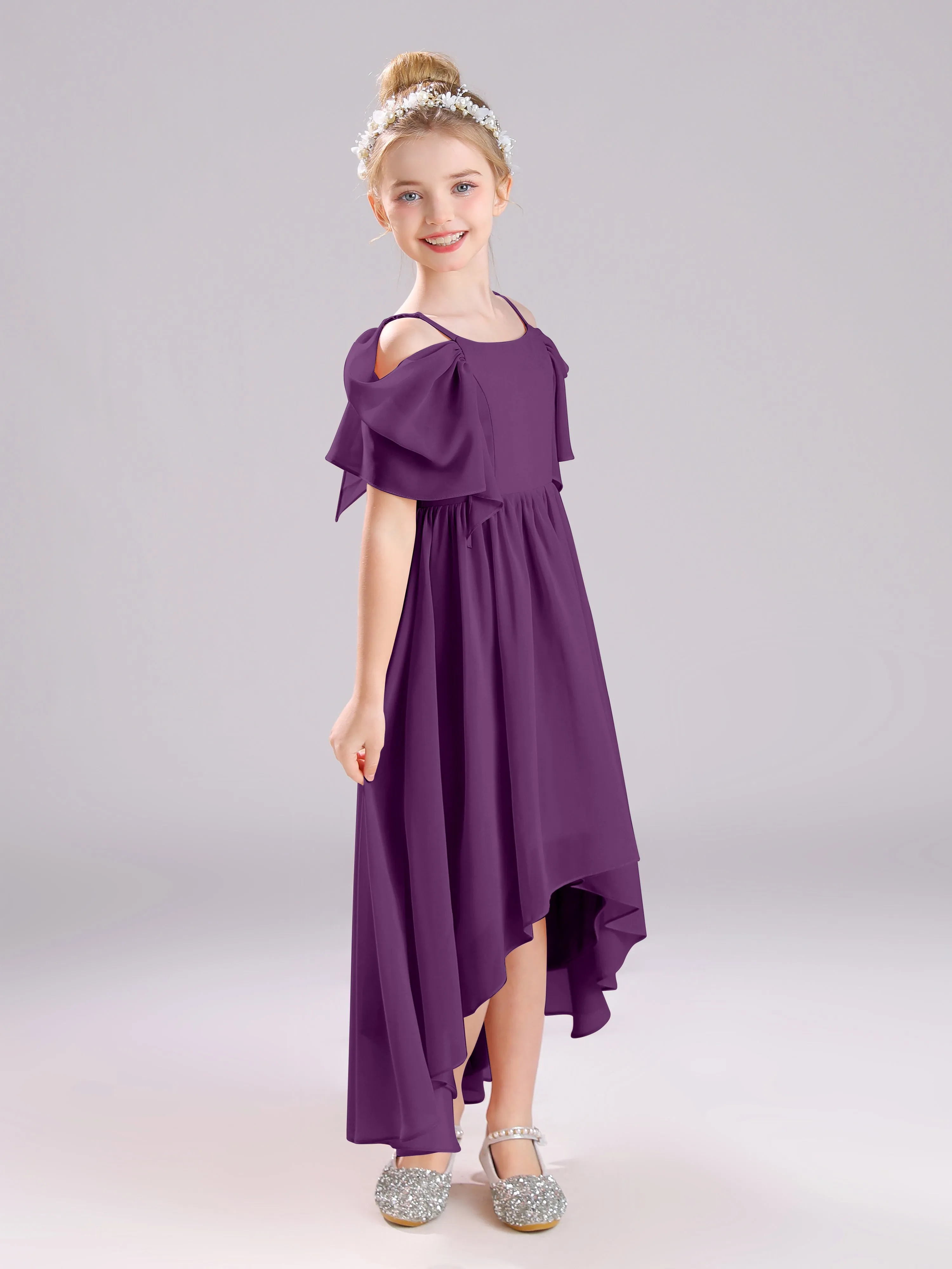 Off The Shoulder Straps Long Chiffon Junior Bridesmaid Dresses