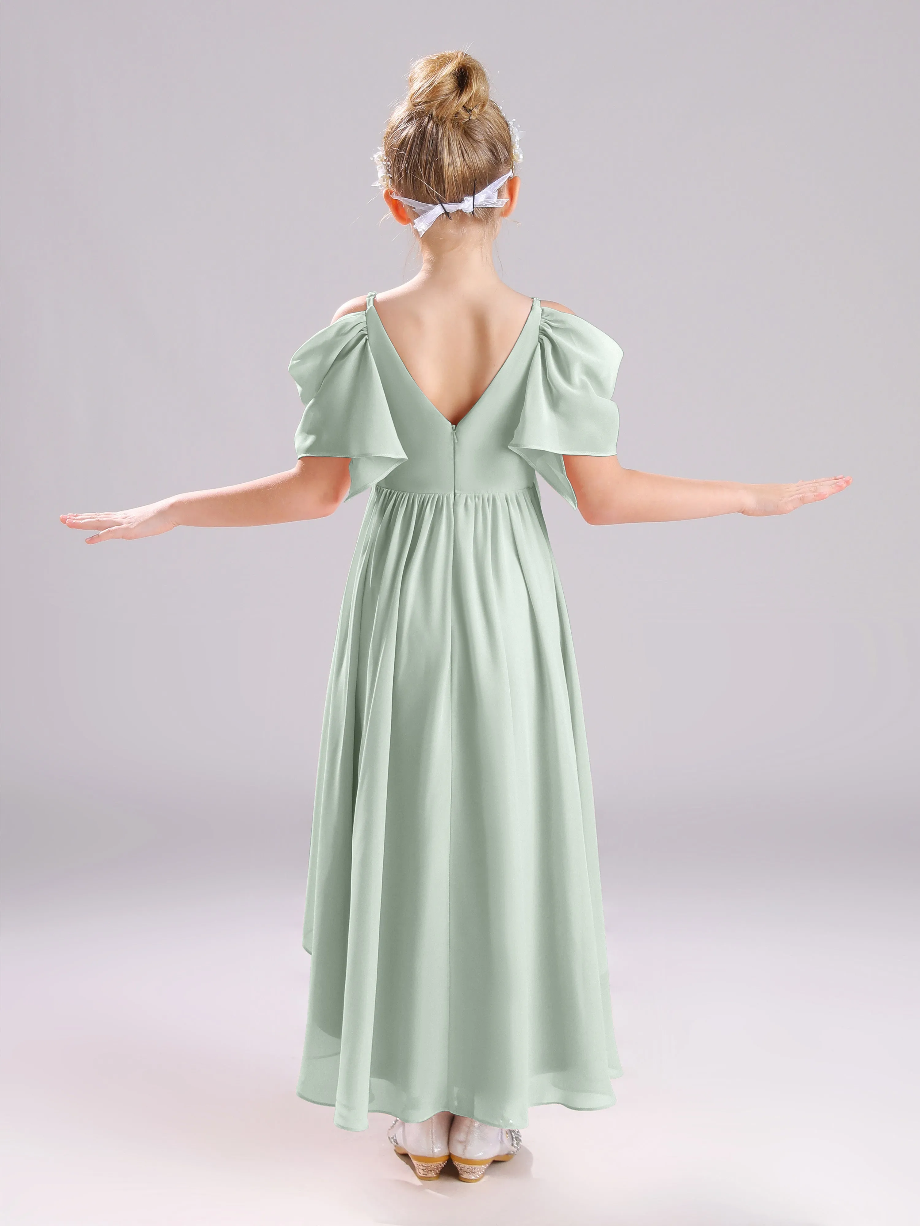 Off The Shoulder Straps Long Chiffon Junior Bridesmaid Dresses