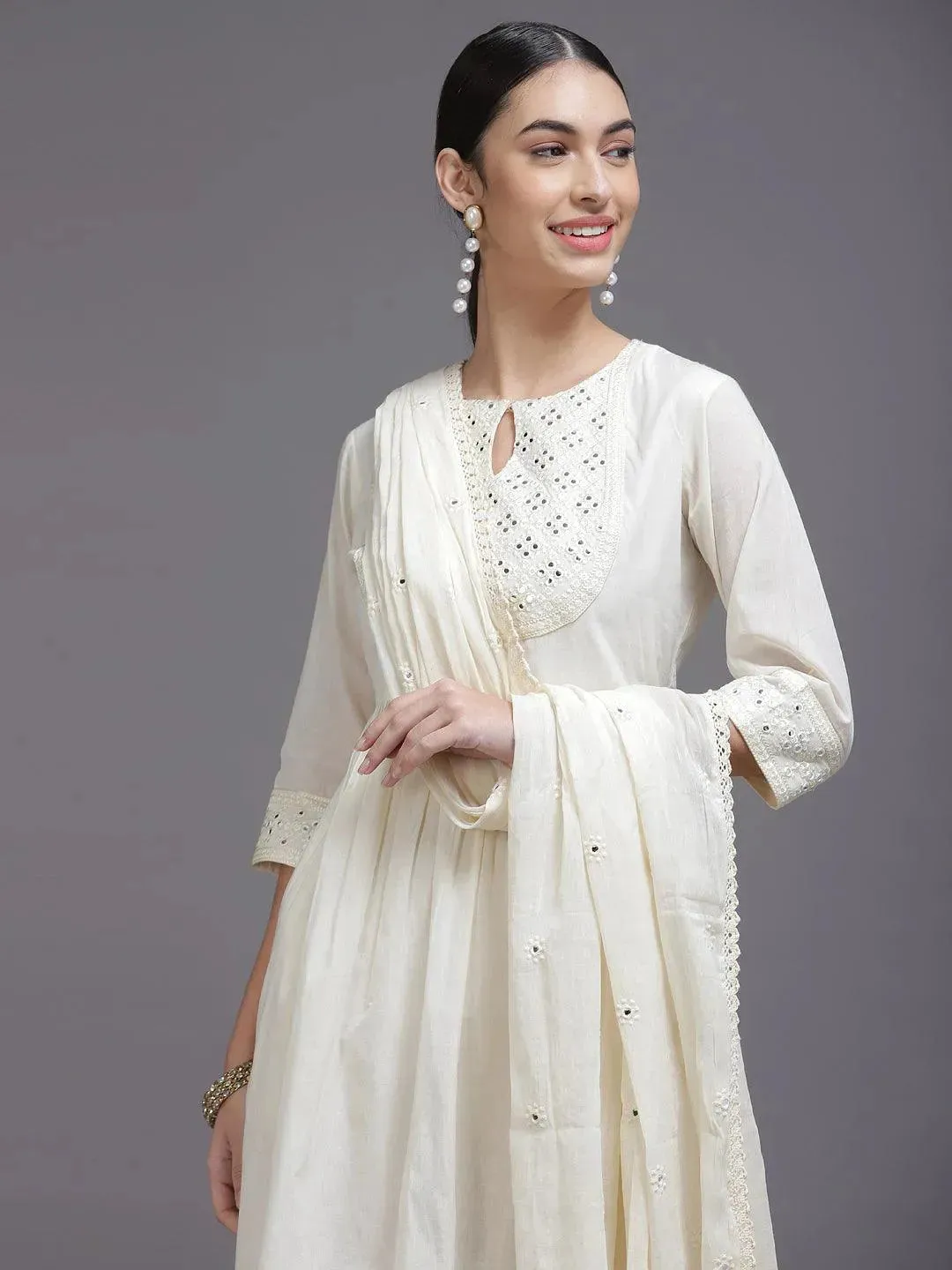 Off-White Yoke Design Cotton Anarkali Kurta With Palazzos & Dupatta