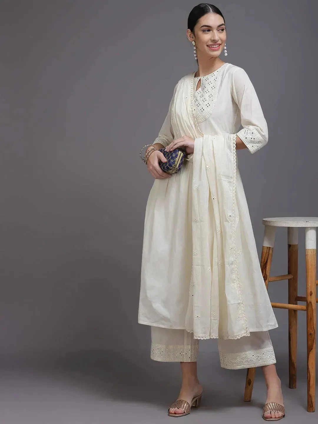 Off-White Yoke Design Cotton Anarkali Kurta With Palazzos & Dupatta