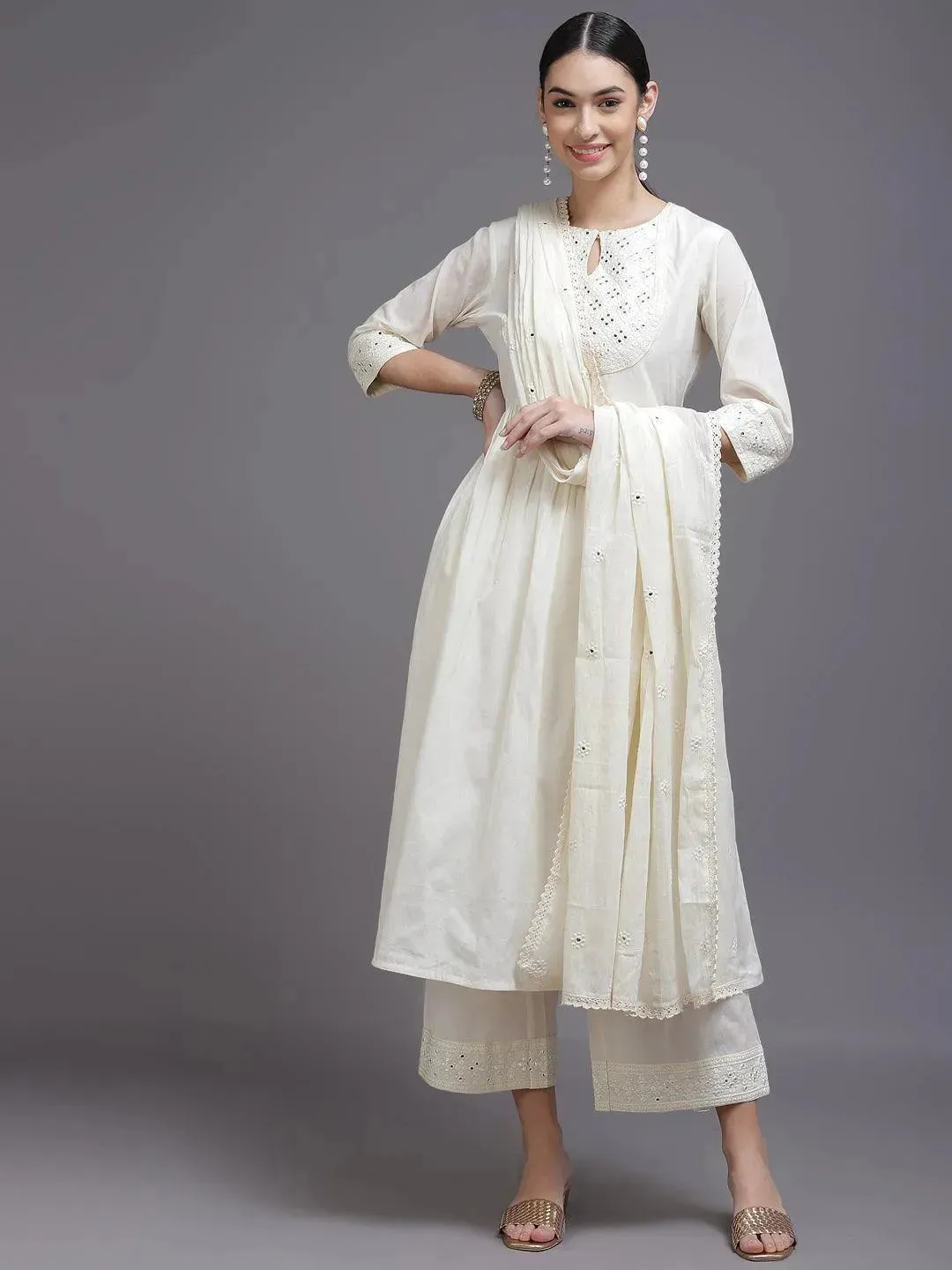 Off-White Yoke Design Cotton Anarkali Kurta With Palazzos & Dupatta