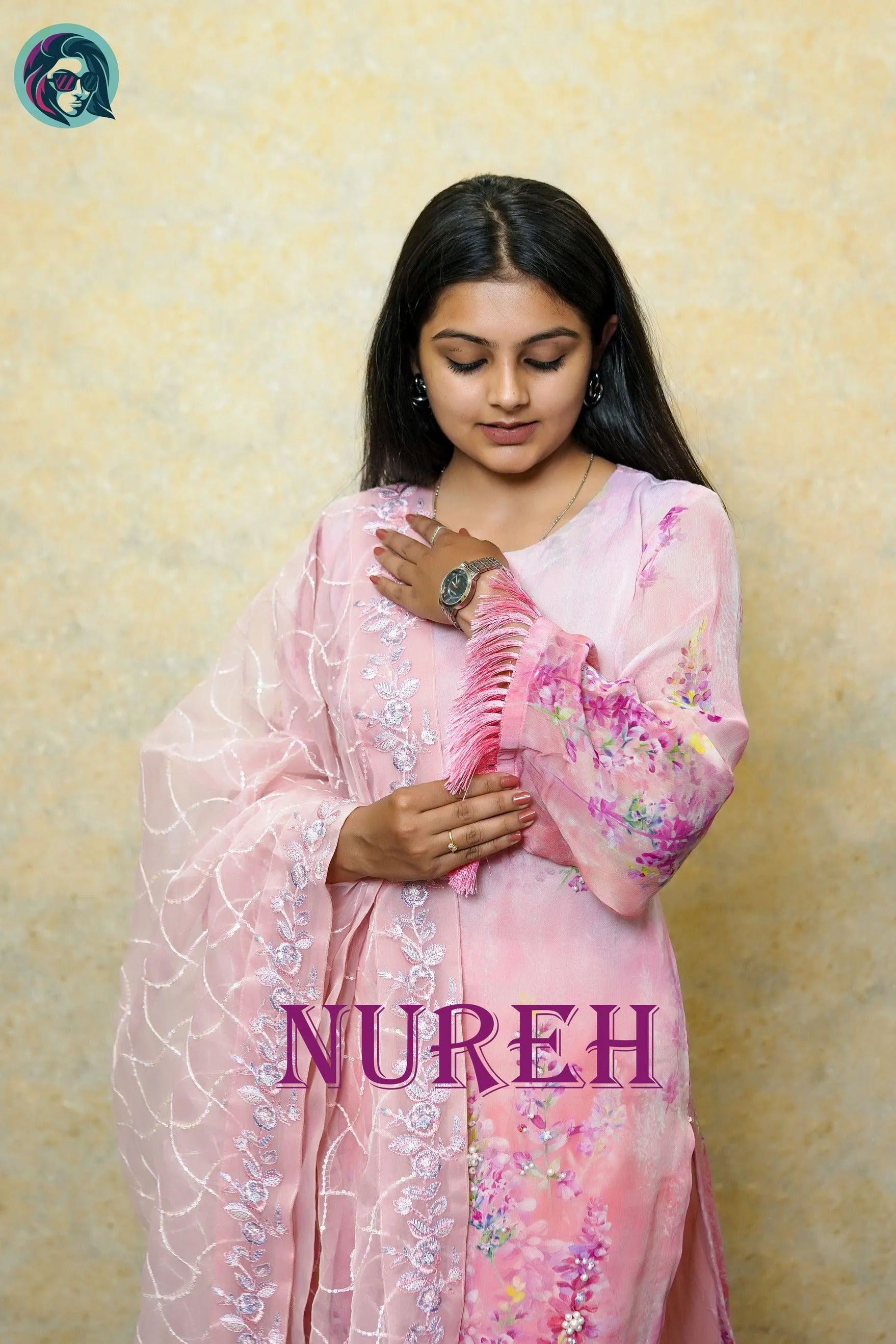 Pink Floral Embroidered Suit with Intricate Details