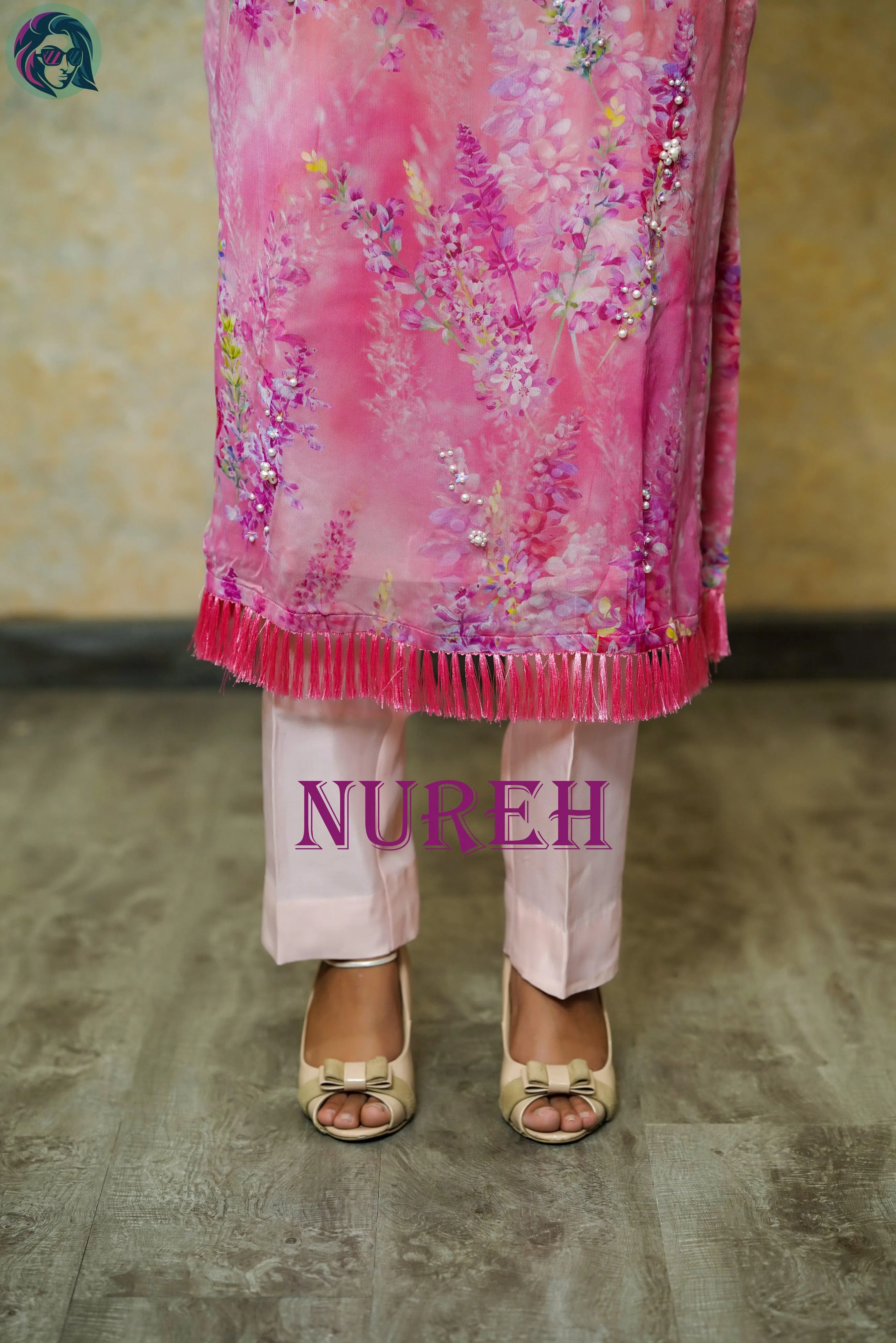 Pink Floral Embroidered Suit with Intricate Details