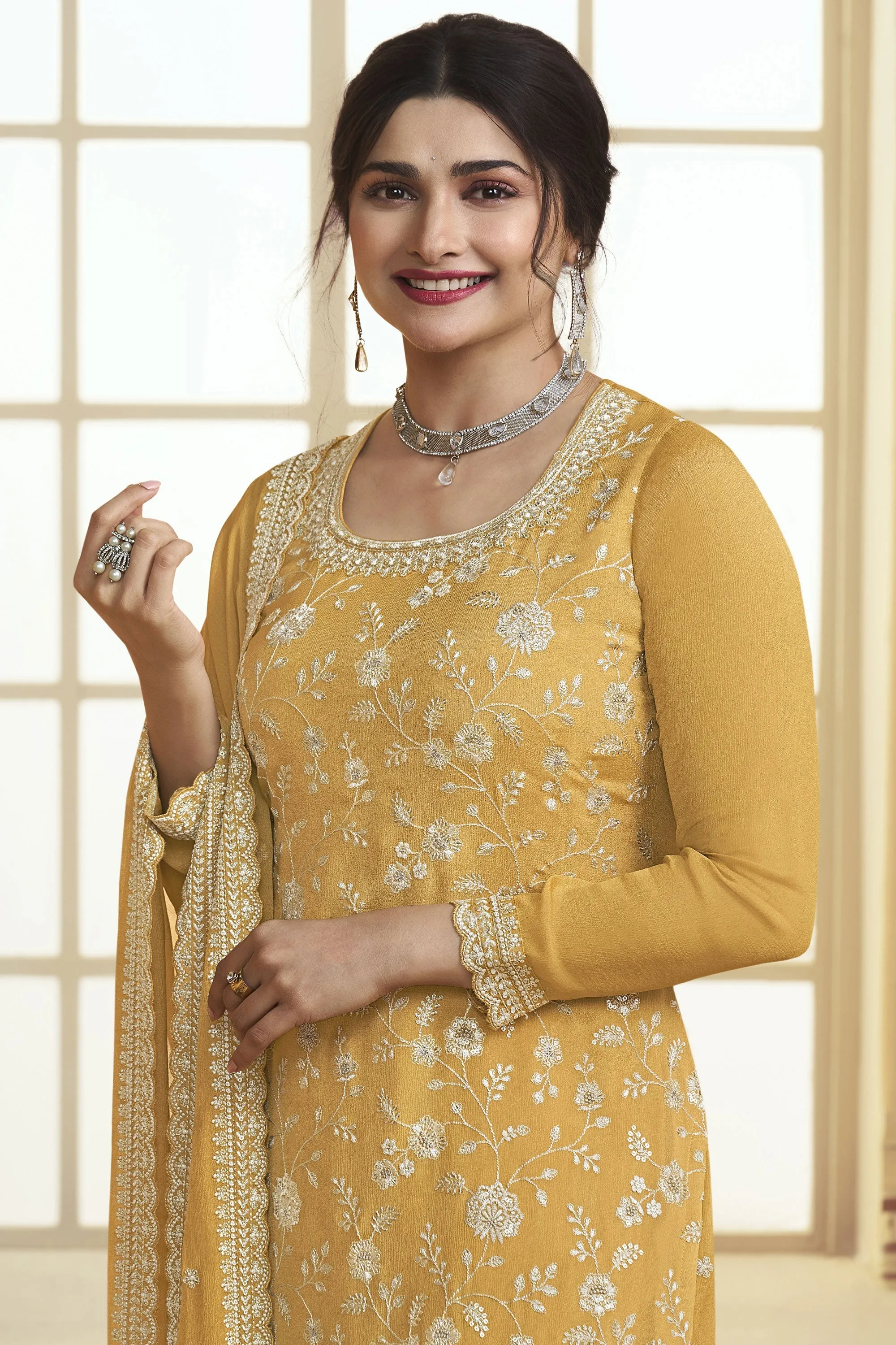 Prachi Desai Yellow Color Chinon Fabric Chic Palazzo Suit