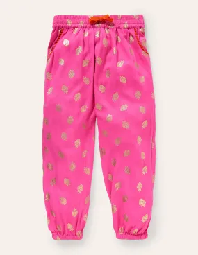 Relaxed Woven Printed Trousers-Pop Pansy Pink Foil Strawberry