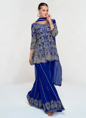 Royal Blue Embroidery Designer Peplum Style Palazzo Suit